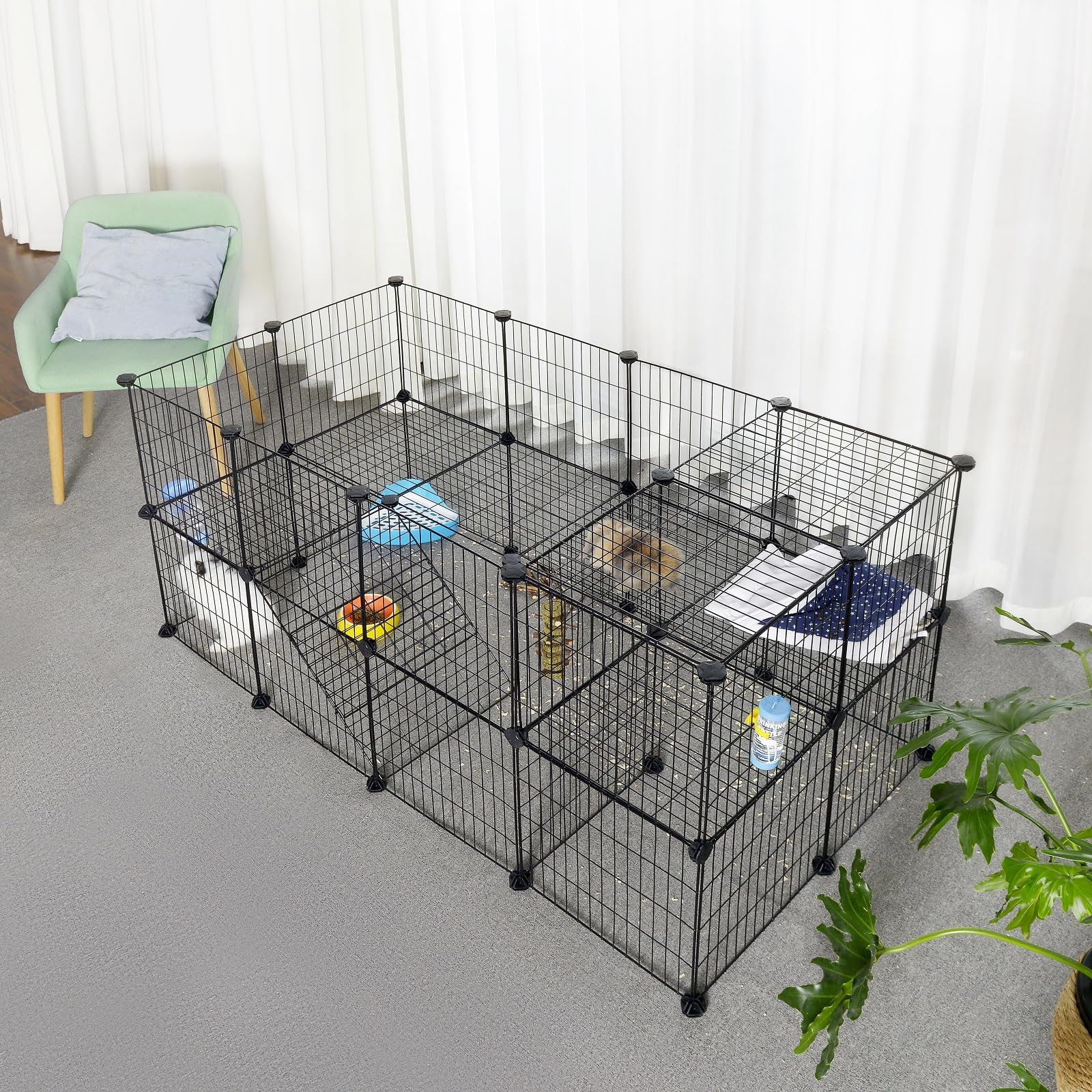 SONGMICS Zaun für Haustiere, 2 Ebenen, modular, für Kleintiere, Hamster, Kaninchen, Meerschweinchen, Gitterplatten, für den Innenbereich, 143 x 73 x 71 cm, Schwarz LPI02H