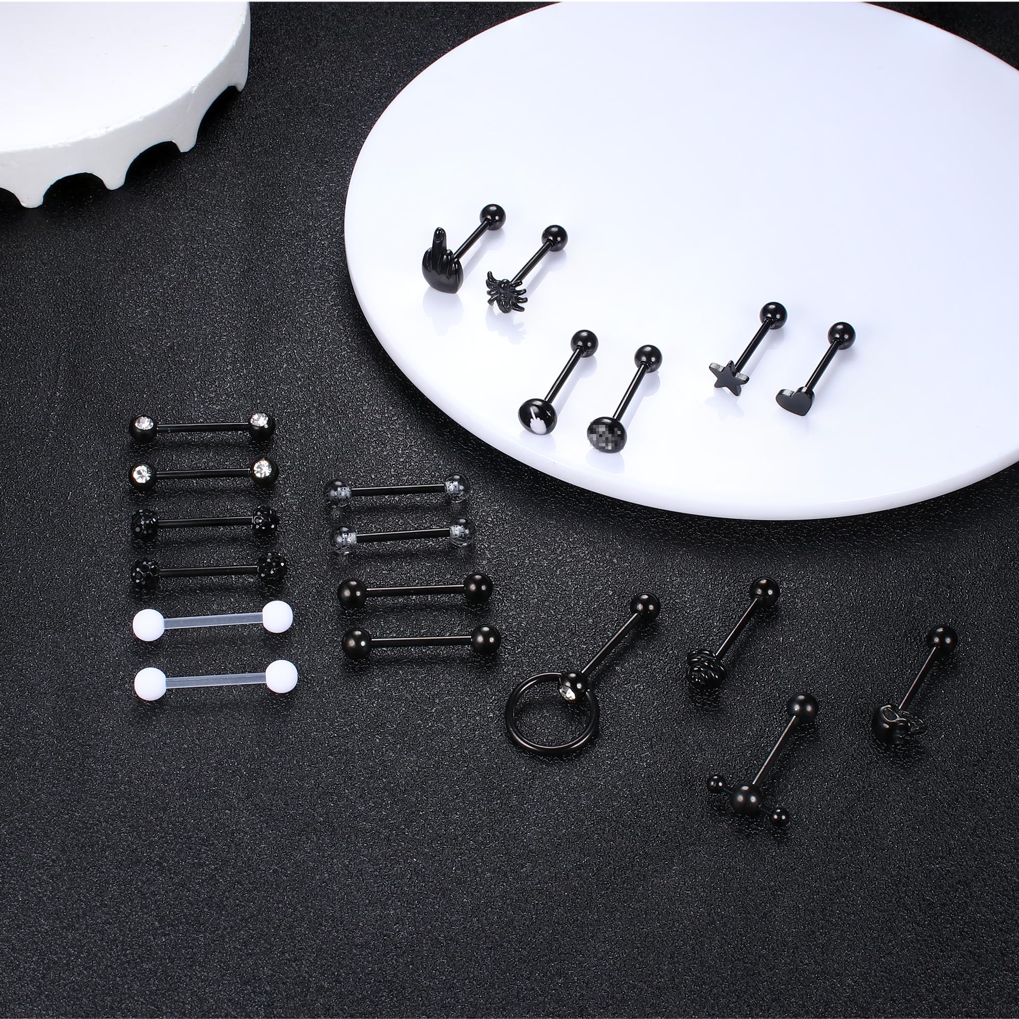 JeweBella 20 Pezzi 14G Piercing Lingua per Donna Uomo Acciaio Chirurgico Piercing Capezzolo Piercing Lingua Argento/Nero Piercing Barretta Gioielli 16mm