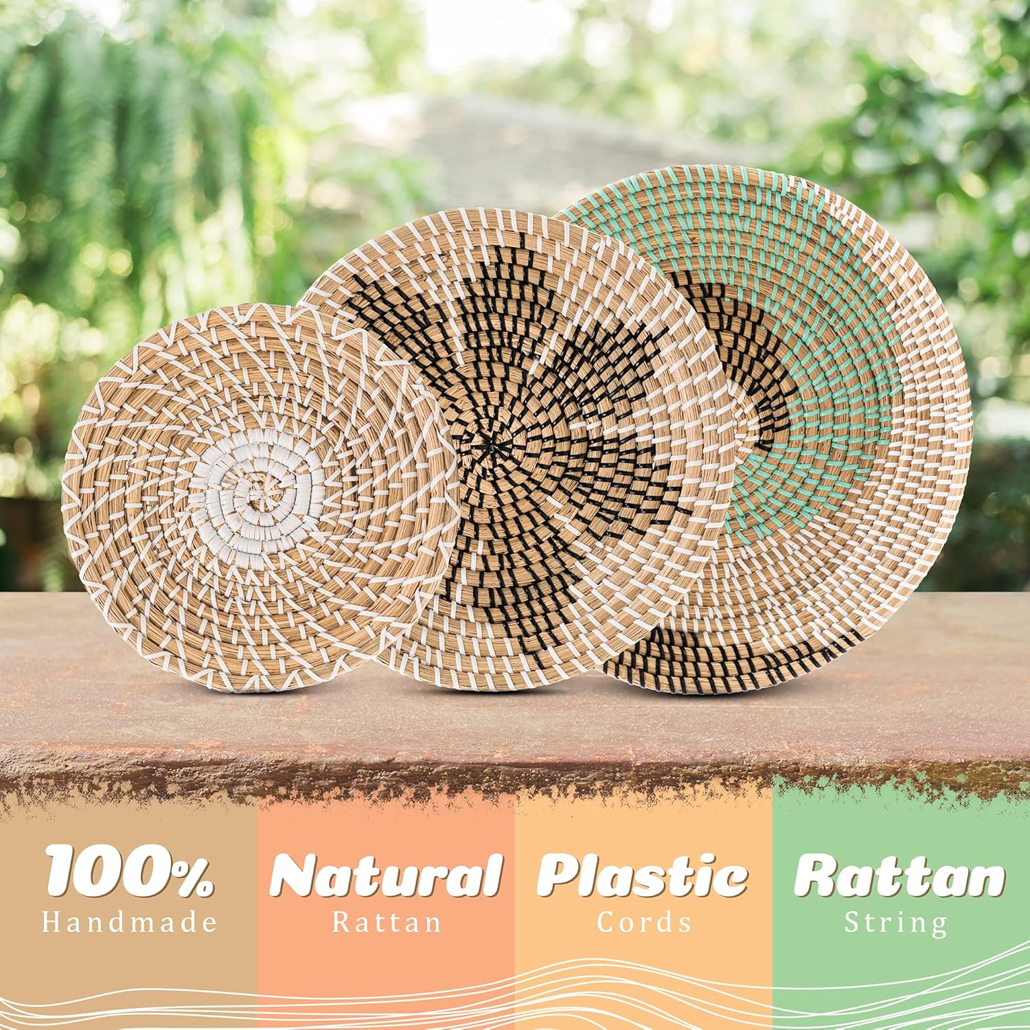🛒 Crаzу Dеаlѕ HNC ECOLIFE Set of 3 Wall Baskets Decor - Hanging Wall Rattan Baskets - Boho Baskets for Wall Decor - Flat Round Baskets for Wall Decor - Fruit Basket - Boho Home Decor - Unique Décor