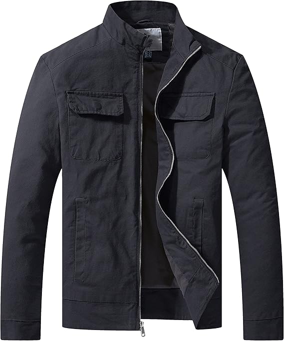 WenVen Men's Spring Cotton Military Jacket Casual Lightweight Canvas Field Coat