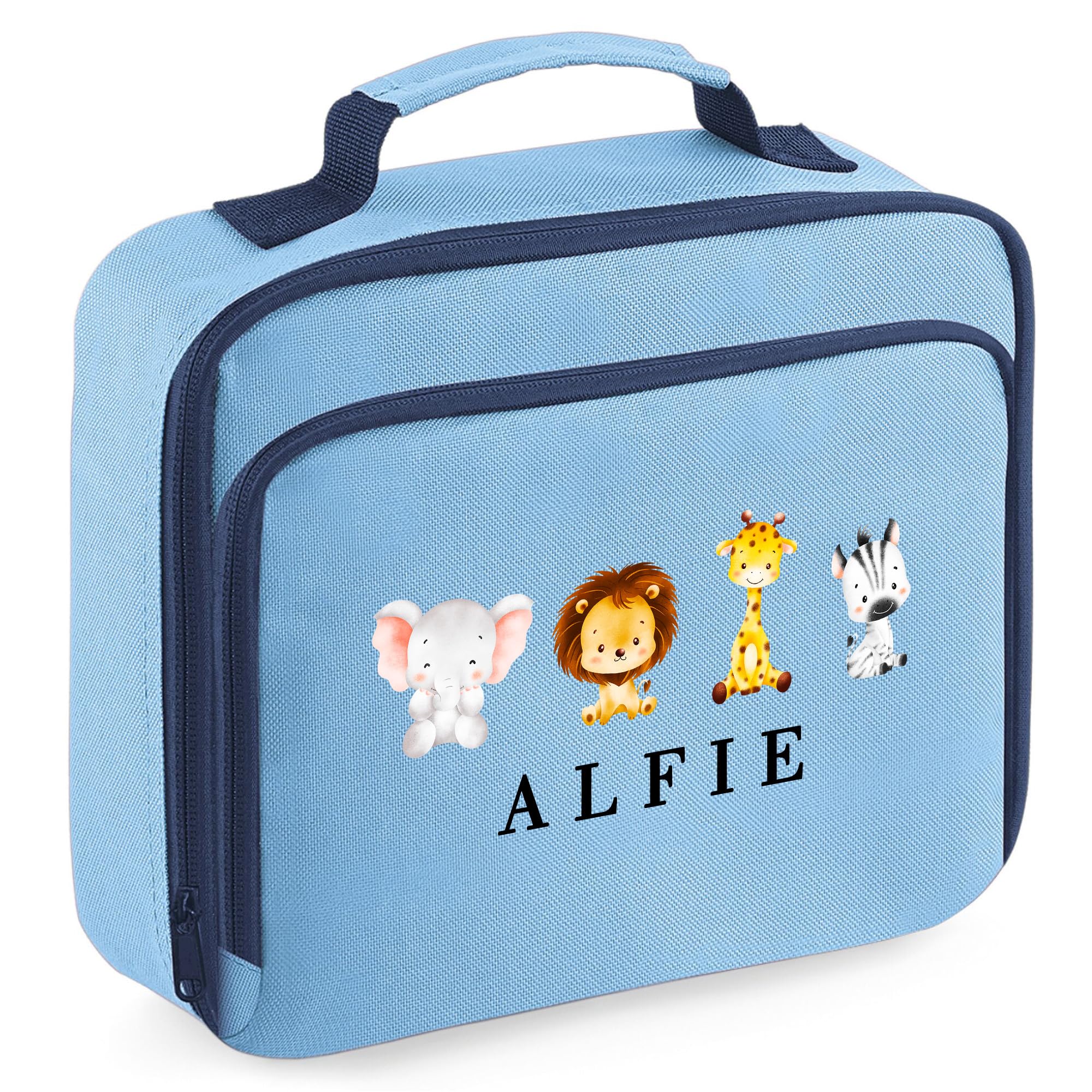 Personalised Safari Lunch Box Jungle Animal Design Custom Name for Kids Boys Girls Back to School Nursery Infant, 24cm x 20cm x 8cm, Sky Blue