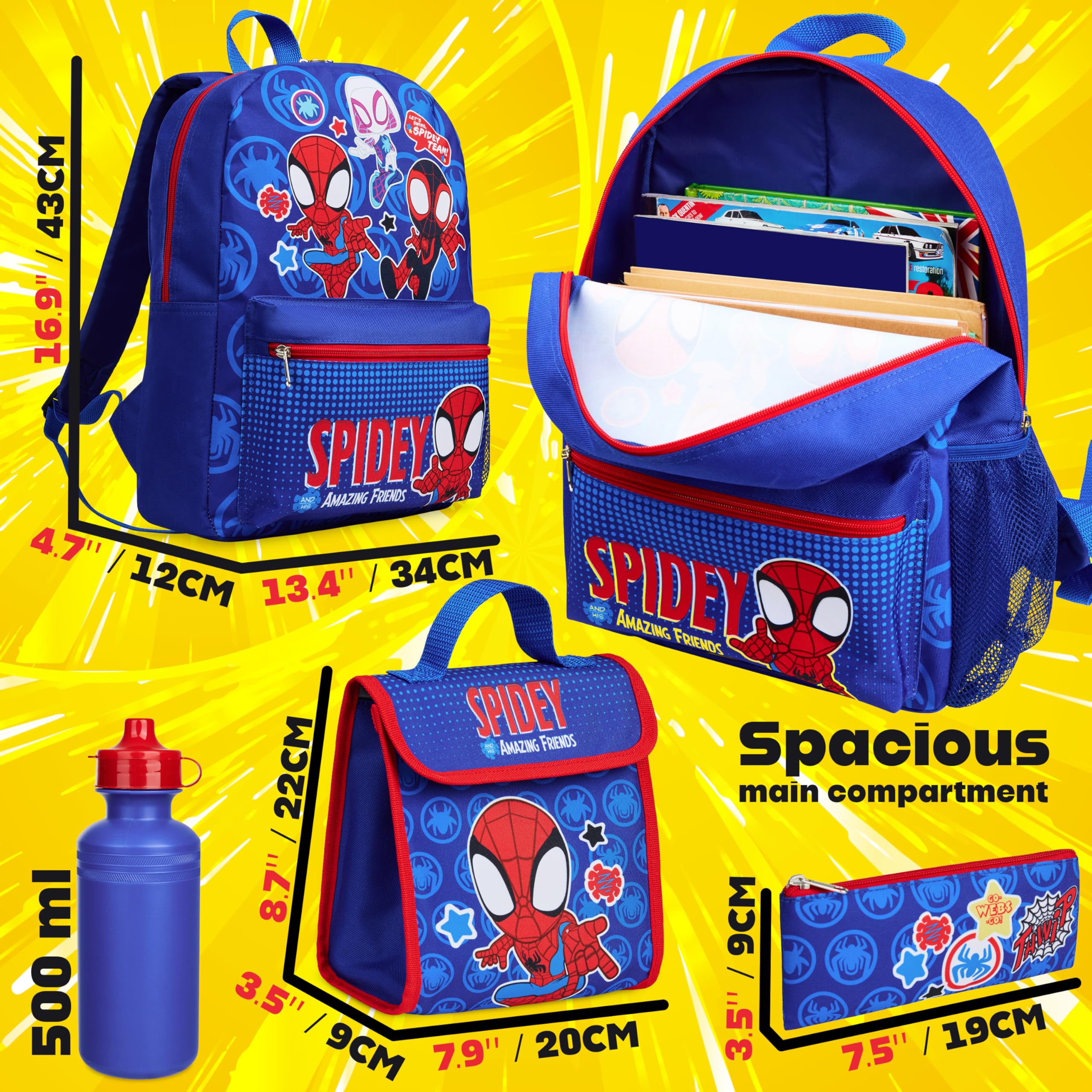 Marvel Spiderman Sac a Dos Enfant Set 4 Pcs Bouteille d'eau y Trousse Scolaire Sac a Lunch ou Portefeuille Porte-clés Cadeau Enfant (Spidey)