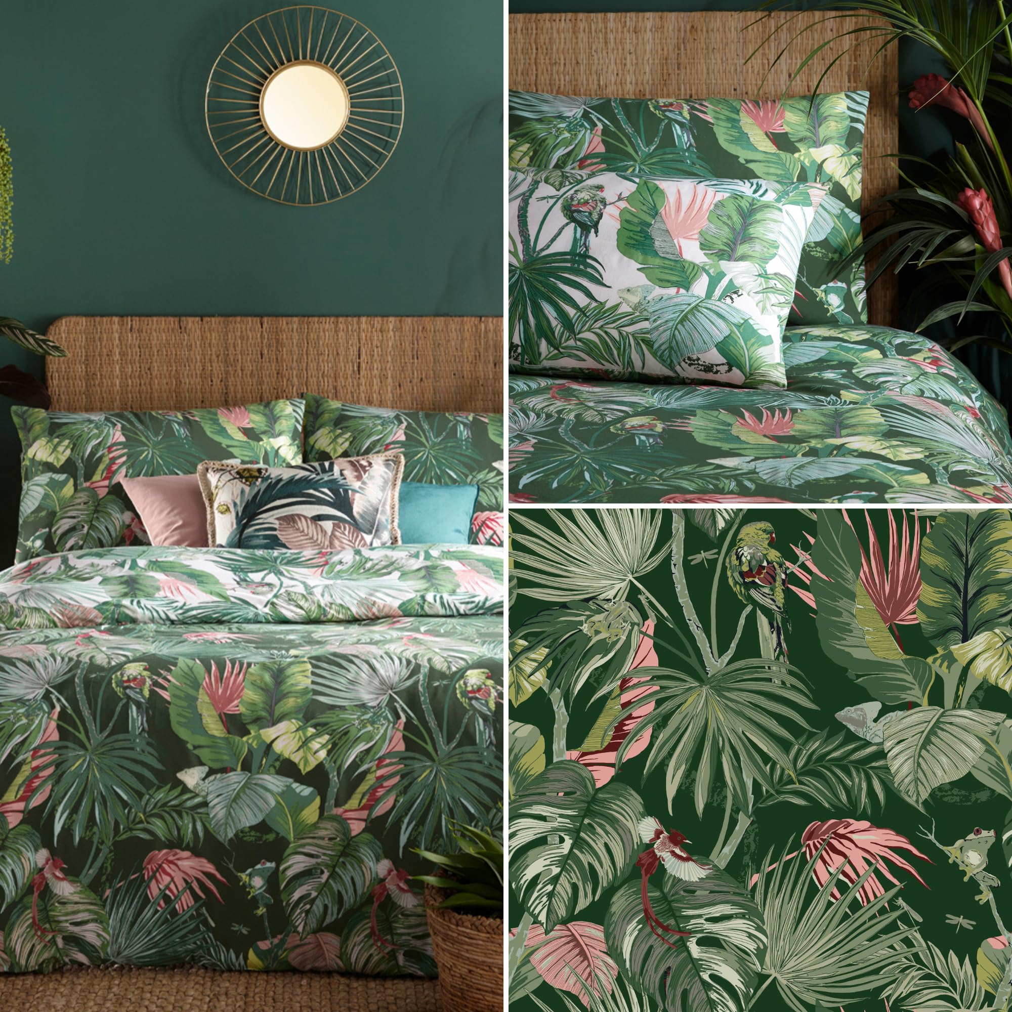 furn. Amazonia Rainforest Copripiumino – Reversibile Stampa Giungla Tropicale con Animali e Motivi Botanici (Verde Giada – King UK Standard – 230x220cm)