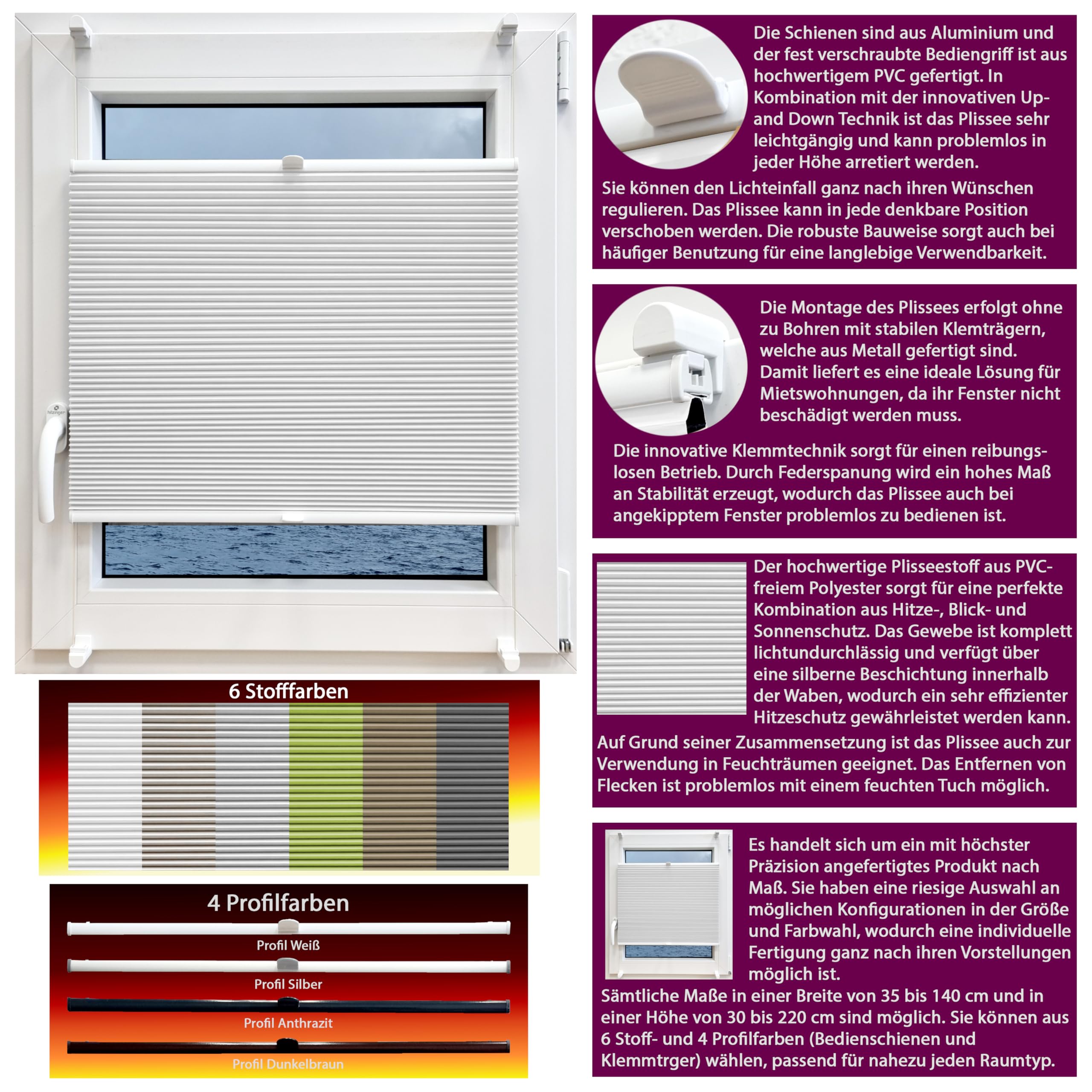 Wabenplissee ohne Bohren Plissee Rollo nach Maß Verdunkelungsrollo Thermorollo für Tür und Fenster Breite 35-140 cm Höhe 30-220 cm lichtundurchlässig Waben Thermo Beschichtung Silber