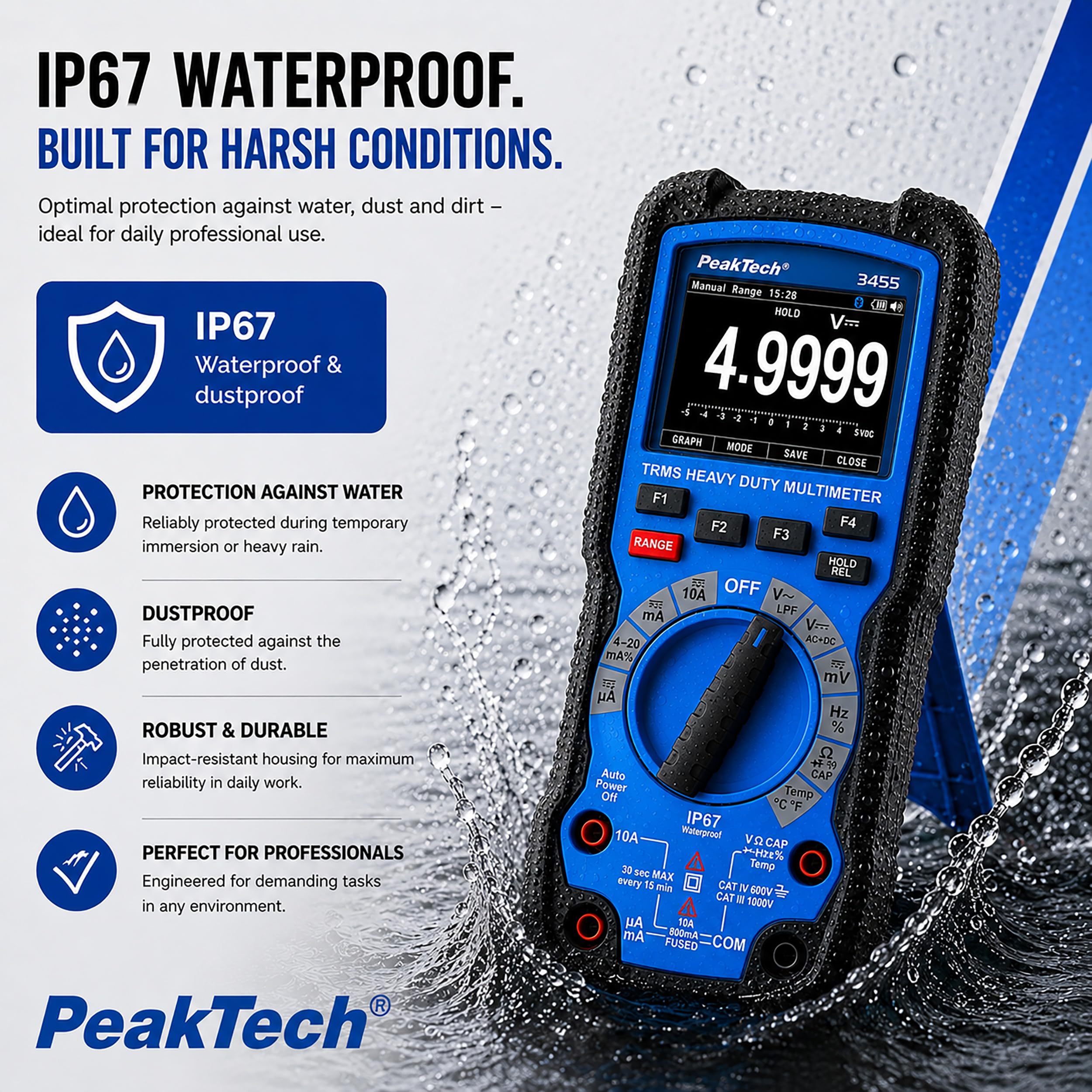 PeakTech 3455 True RMS Multimètre 50 000 comptes CAT III 1000 V IP67 TFT BT