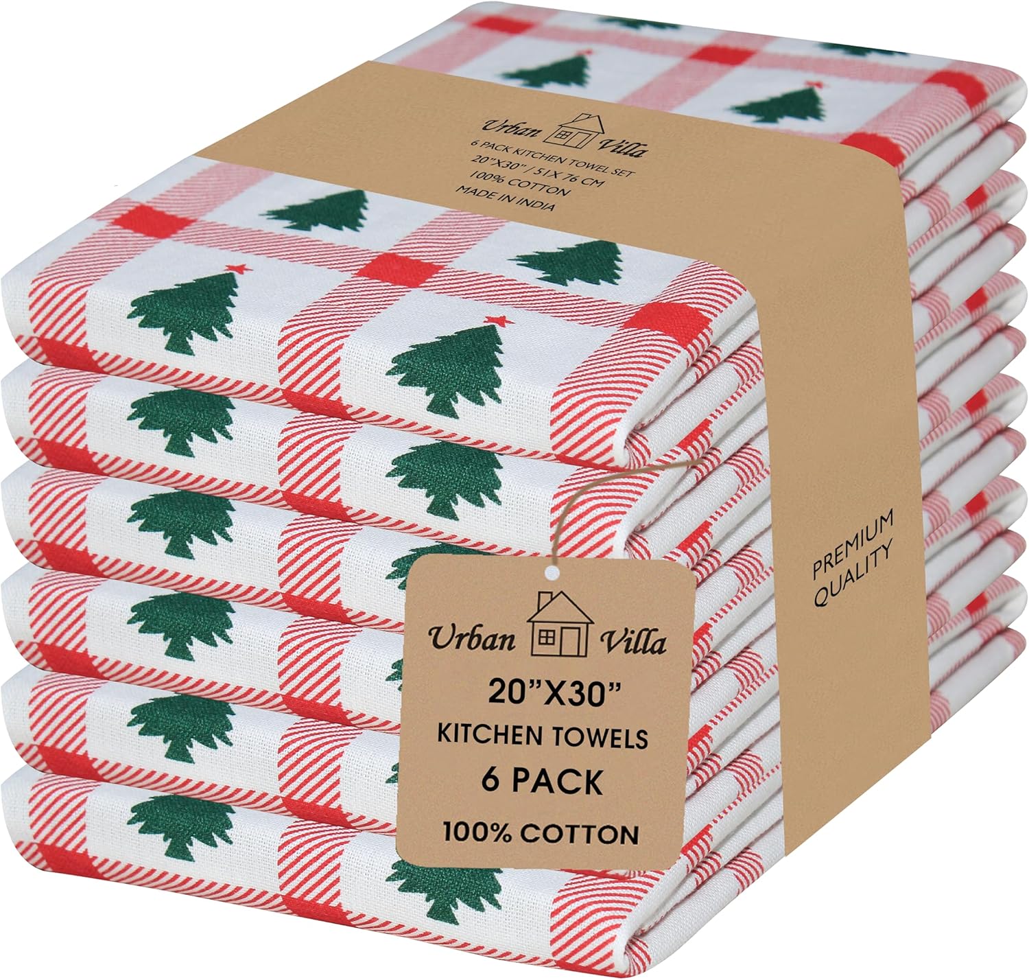 Urban Villa Christmas Kitchen Towels Christmas Tree Print Premium Quality 100% Cotton Dish Towels Mitered Corners Ultra Soft (Size: 20X30 Inches) Highly Absorbent Bar Towels & Tea Towels - (Set of 6)