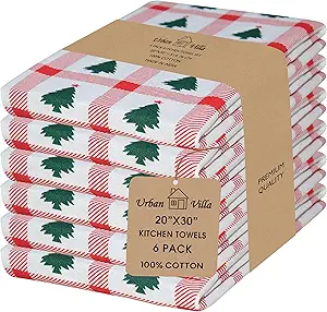 Urban Villa Christmas Kitchen Towels Christmas Tree Print Premium Quality 100% Cotton Dish Towels Mitered Corners Ultra Soft (Size: 20X30 Inches) Highly Absorbent Bar Towels & Tea Towels - (Set of 6)