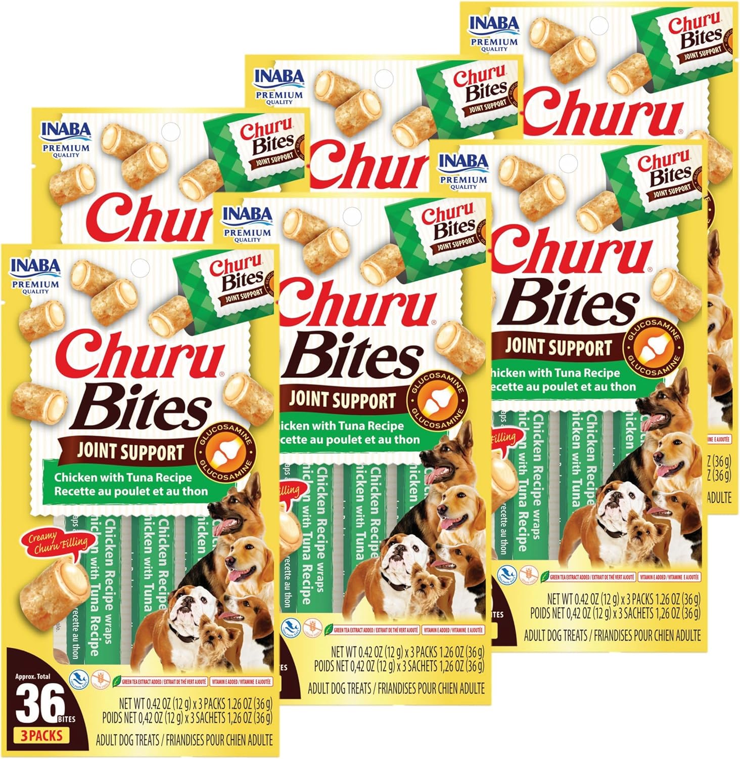 INABA Churu Bites Joint Support for Dog, Functional Lickable Dog Treat with Taurine & Green Tea Extract, 1.26oz Each, 18 Tubes Total, Chicken with Cheese Recipe