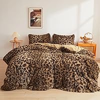 XeGe Cheetah Print Fluffy Faux Fur Duvet Cover Set Queen Size - 3pc Shaggy Plush Bedding with Leopard Print, Zipper & Ties, Brown