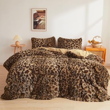 XeGe Cheetah Print Fluffy Faux Fur Duvet Cover Set, King, Leopard Brown