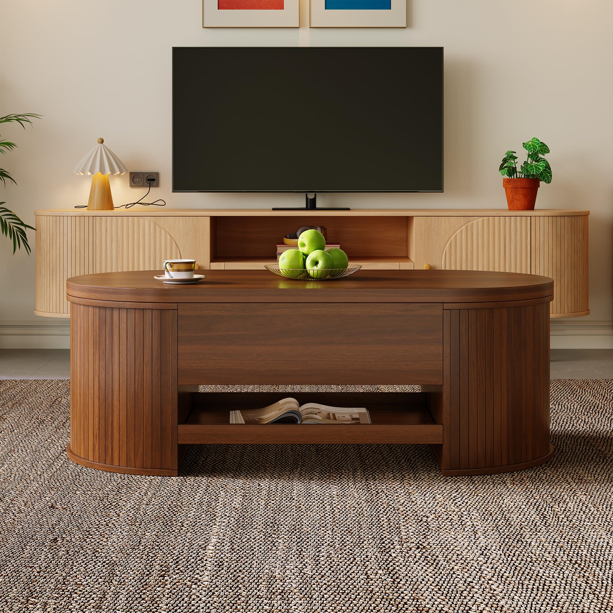 Merax Table basse élévable 110x55,5x40 cm, hauteur réglable avec côtés en bois incurvés, étagère extensible, meuble de salon multifonctionnel, espace de rangement pour collations, livres, électronique