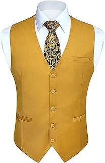 Chaleco para Hombre Chalecos de vestir de Hombres Color Solido Chaleco de Algodón para Formal Fiesta de Boda,Amarillo mostaza,XL