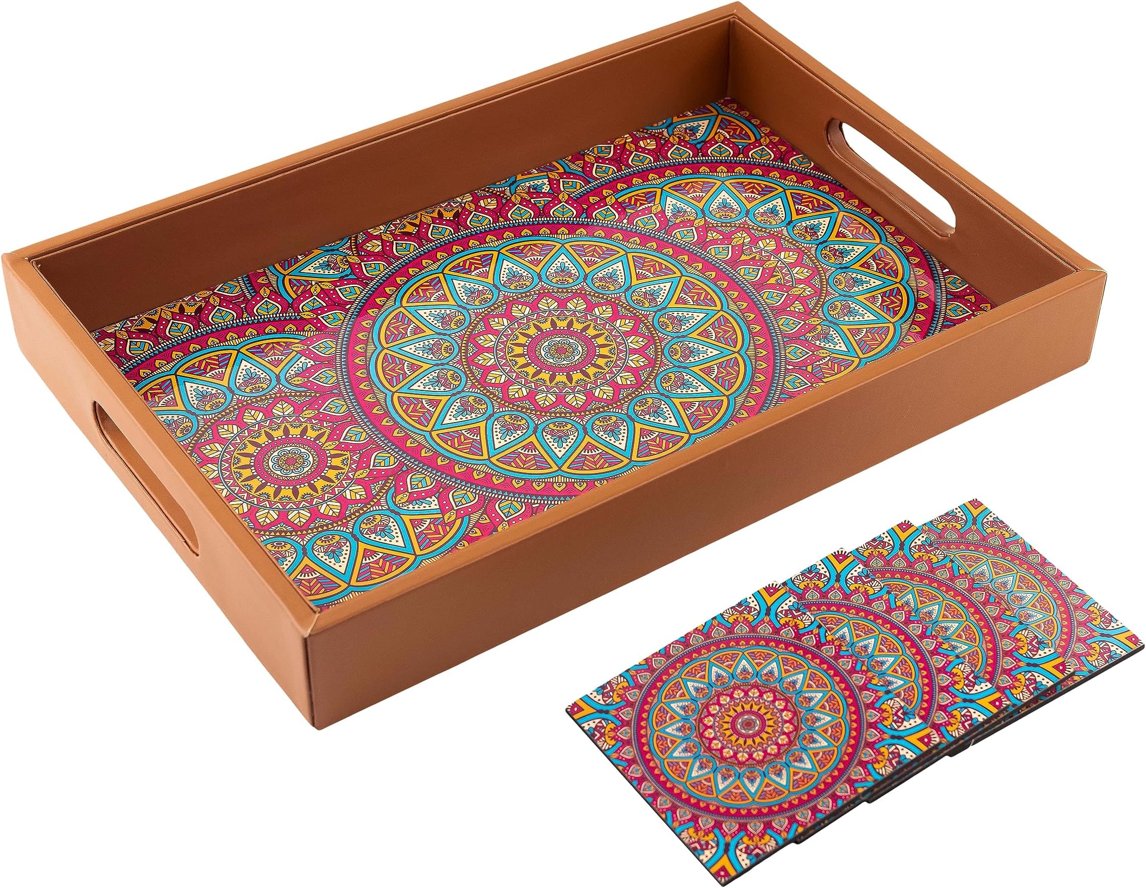 Birch & Co. Wooden Tray for Serving-Free 4 Coasters-10 Inch X 15 Inch-Serving Tray-Tray Set for Decoration-Tea Trays-Big Coffee Tray-Premium MDF Trey-Wooden Serving Trays-Resin Tray,Round