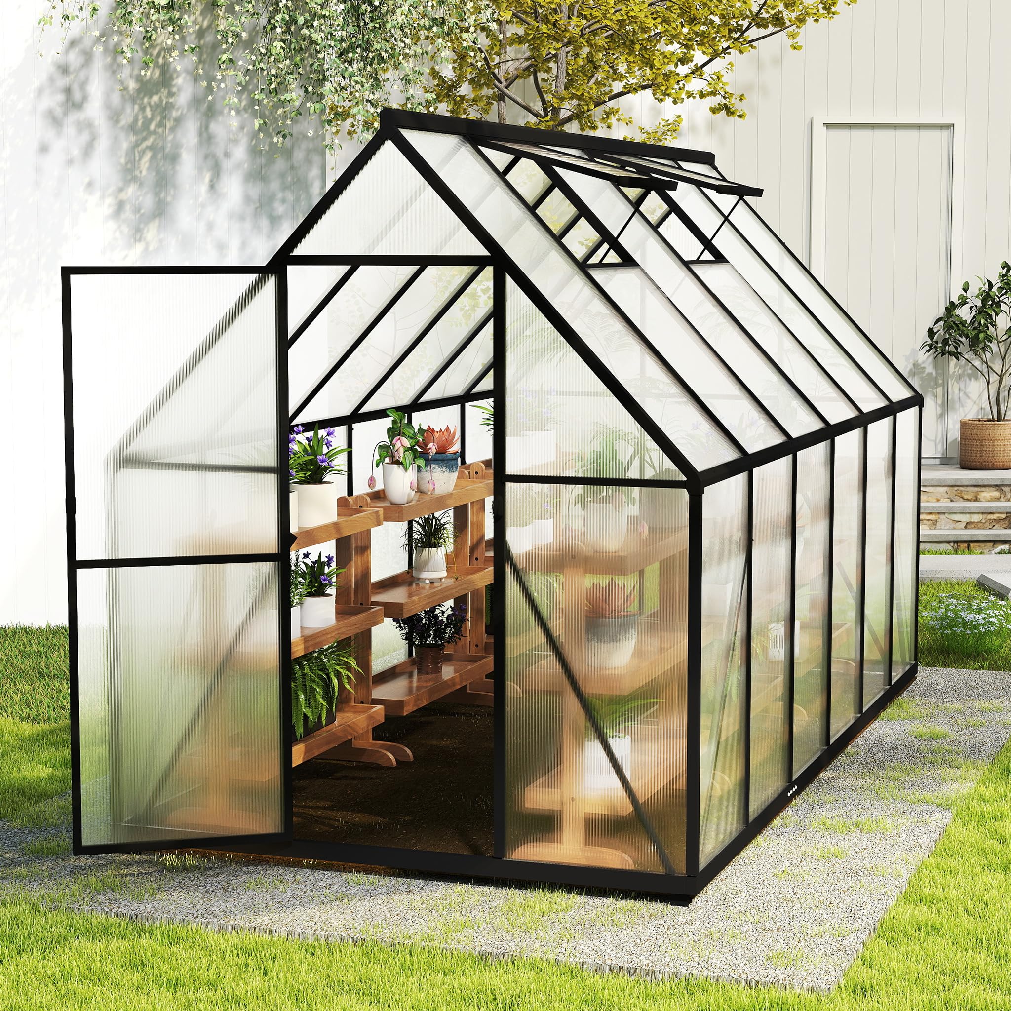 Serre en Aluminium avec PC Panneaux Transparent, Lucarne, Porte et Fondations, 335x170x195cm Hivernage Tente de Jardinage Accessible, Pépinière de Culture pour Jardin et l'extérieur
