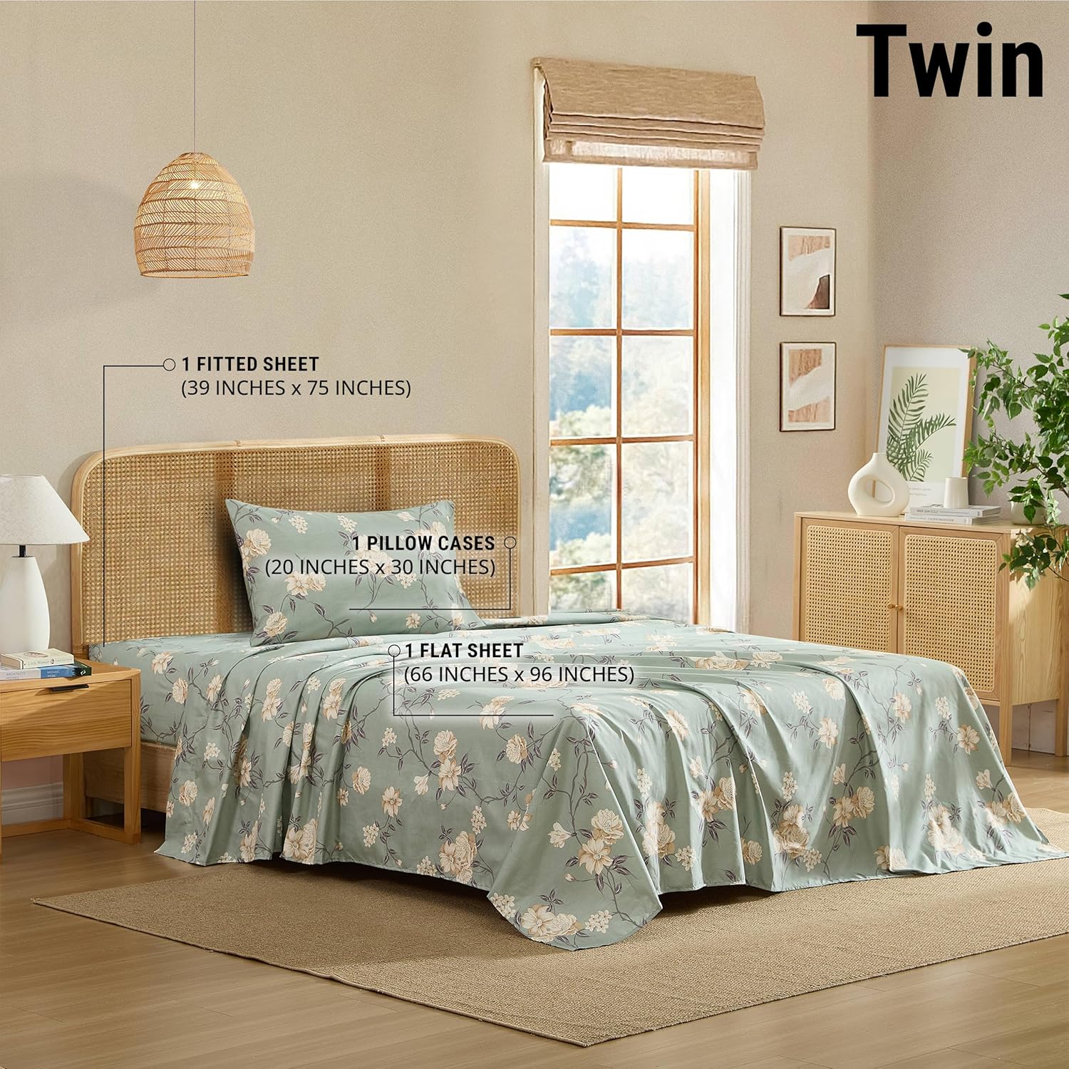 HLC.ME Vintage Green Floral Bed Sheets - 3 Piece Bed Sheet Set - Wrinkle Resistant & Ultra Soft - Fits Mattresses up to 15 Inches Deep (Twin)