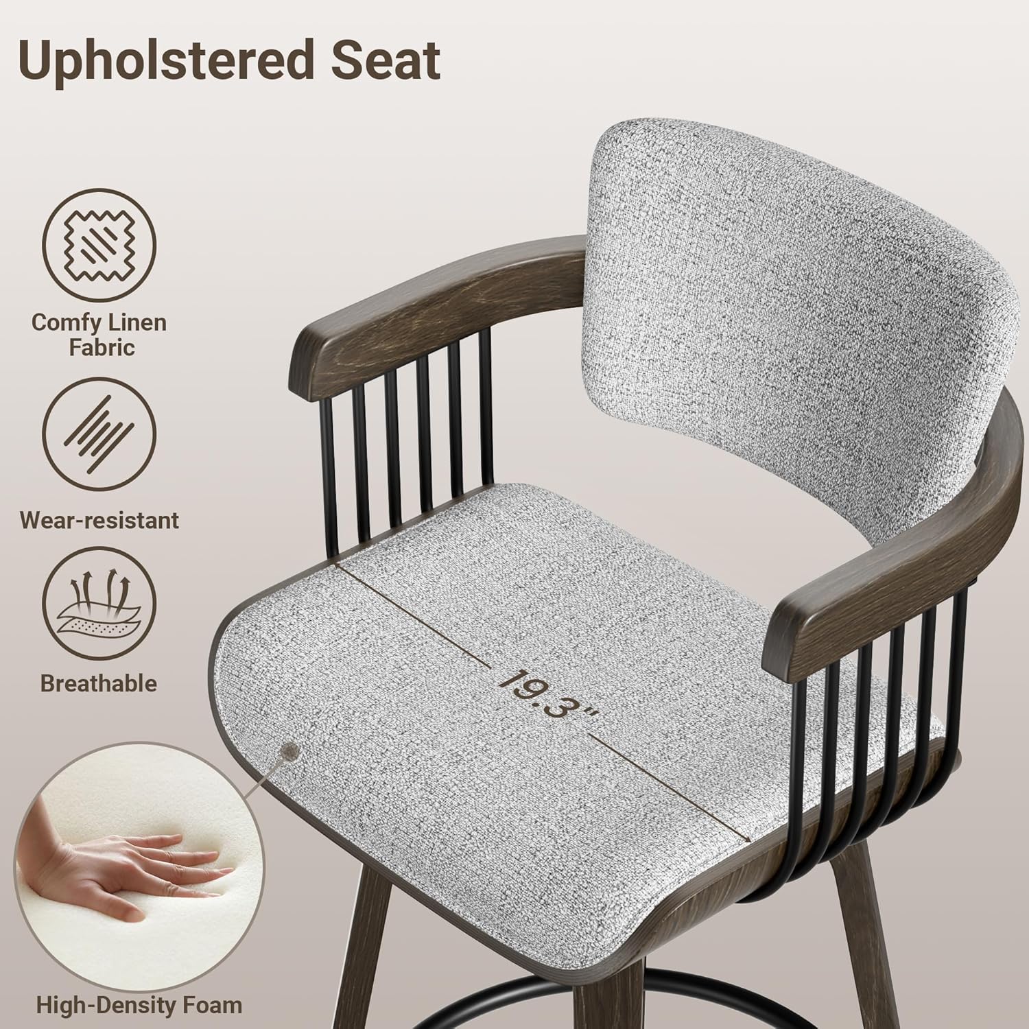 YaFiti Swivel Counter Height Bar Stools Set of 2, 26 Inch Mid Century Modern Bentwood Barstools with Padded Back and Wood Legs, Linen-Weave Fabric Kitchen Island Chairs with Arms, Light Gray