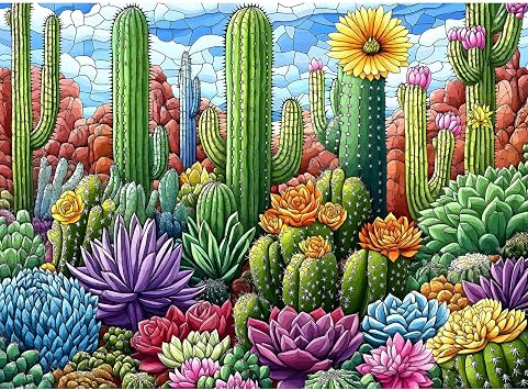 Puzzles for Adults 500 Pieces, Stained Glass Jigsaw Puzzles 500 Pieces - Cactus Garden, Cactus Wall Art Puzzle for Families, Finished Size 20.47 * 14.96, with 11 Poster, Letter on the Back