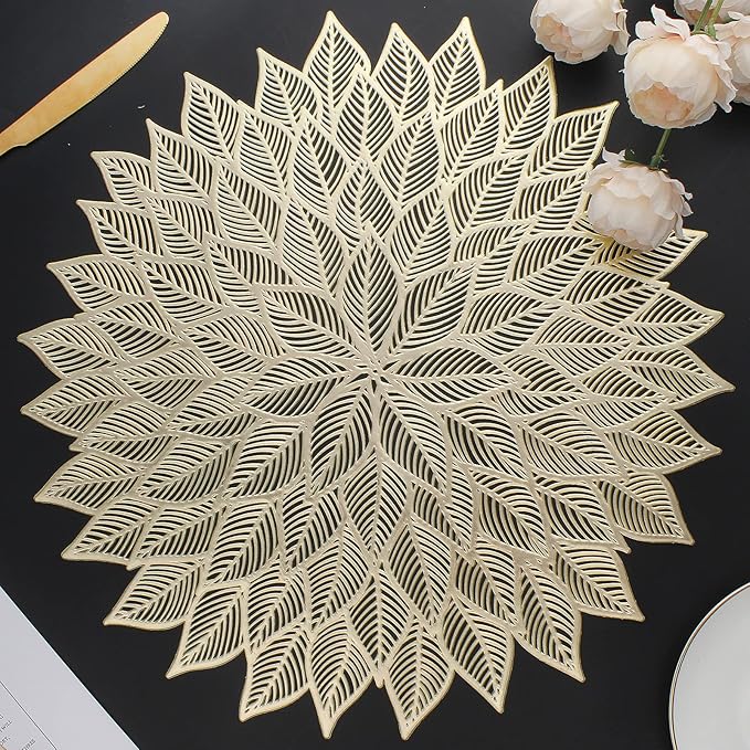Placemats Set of 8, Round Hollow Out Flowers Place Mats for Dining Table Pressed Vinyl Blooming Leaf Table Mats for Holiday Party Wedding Accent Centerpiece Dinner Table Decoration (Gold)