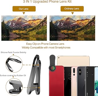 Phone Camera Lens,Upgraded 3 in 1 Phone Lens kit-198 Fisheye Lens + Macro Lens + 120 Wide Angle Lens,Clip on Cell Phone Lens Kit Compatible with Samsung Android Smartphones