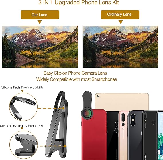 Phone Camera Lens,Upgraded 3 in 1 Phone Lens kit-198 Fisheye Lens + Macro Lens + 120 Wide Angle Lens,Clip on Cell Phone Lens Kit Compatible with Samsung Android Smartphones