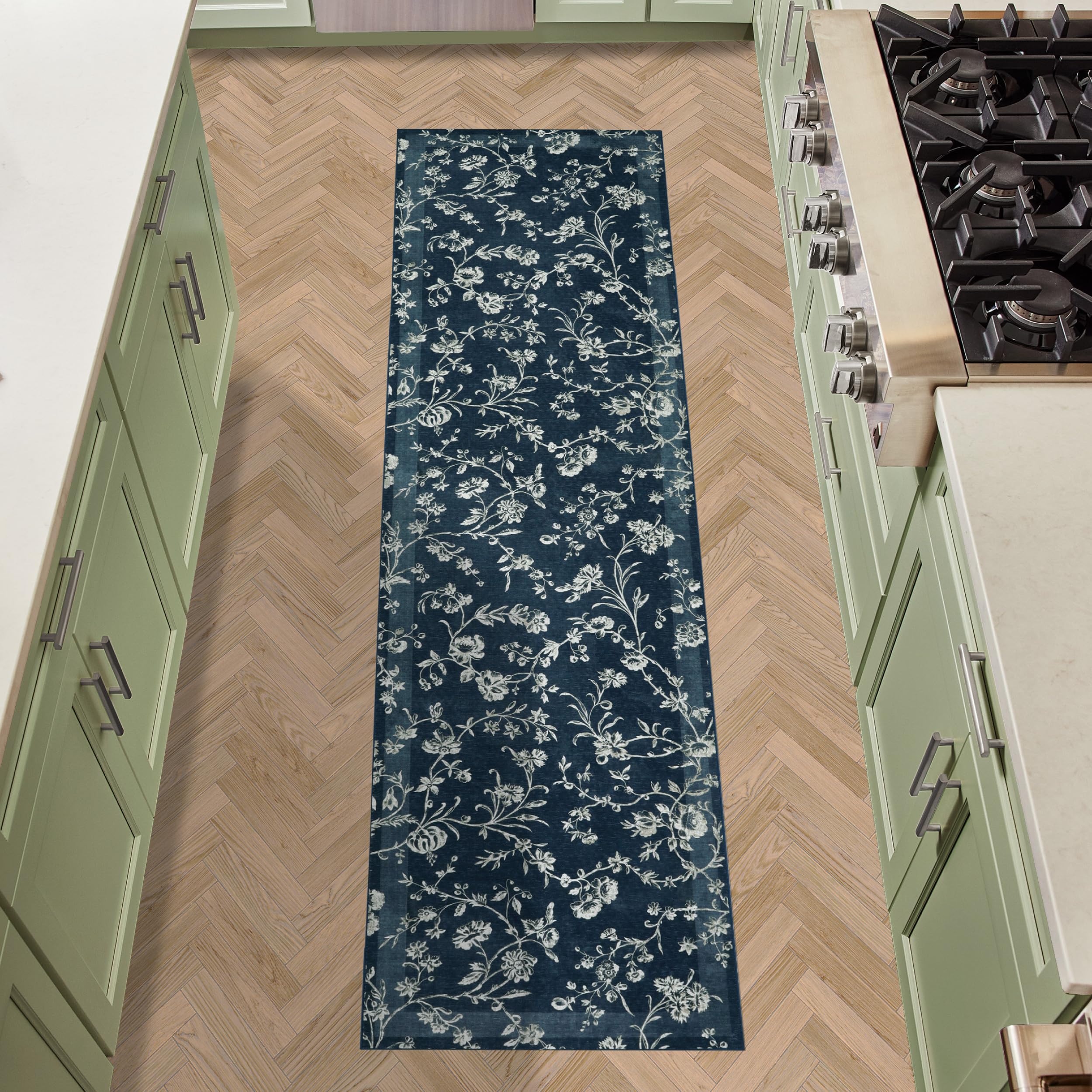 Laura Ashley Dark Navy Aria Floral Border Machine Washable & Slip Resistant 2ft x 5ft Runner Rug