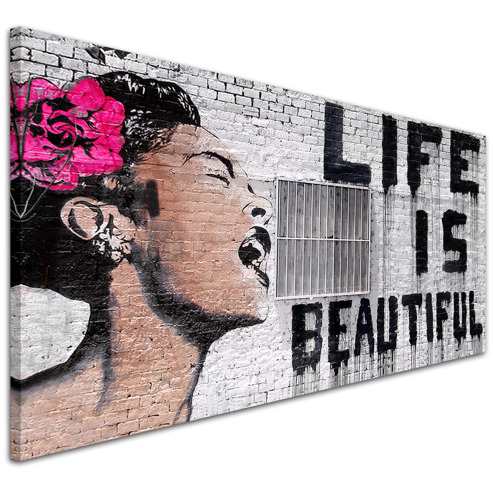 Wallfillers Life is Beautiful Banksy Graffiti Street Art Black White Pink Canvas Print - 1232-118x49cm