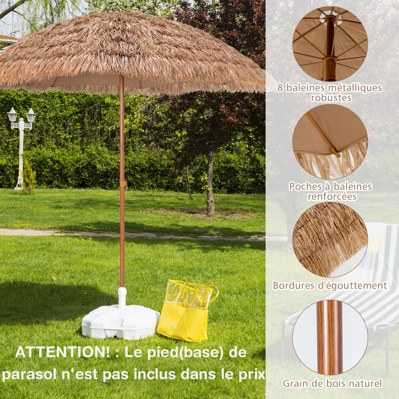 GOPLUS Parasol de Jardin Exterieur en Chaume PP, 2,4M Parasol Paille de Style Hawaïen Tropical avec Toit, 8 Baleines, 7 Couches, Anti-UV, pour Plage Patio Terrasse, Base Non Inclus