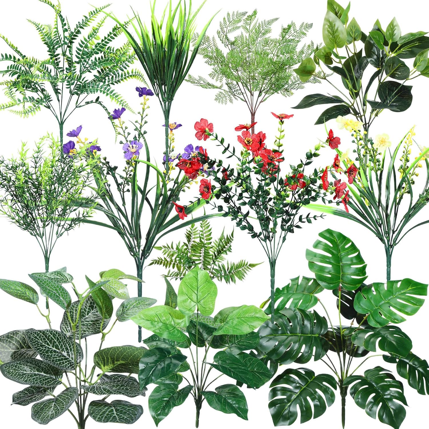Norme 25 Pcs Artificial Outdoor Plants UV Resistant Fake Tropical Plants Flowers Greenery Faux Shrubs Bushes for Garden Front Porch Planter Window Box Home Spring Summer Decor