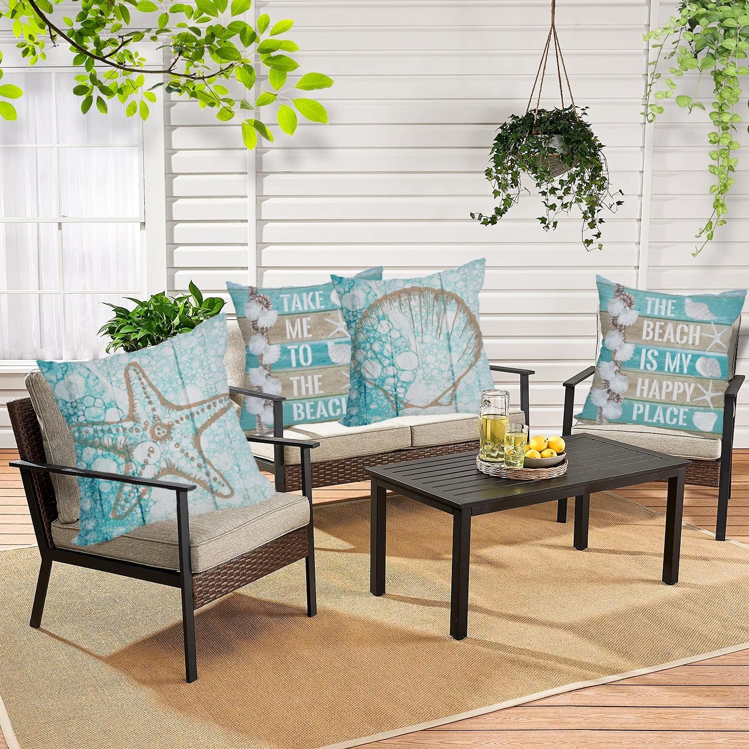 Outdoor Waterproof Summer Beach Throw Pillow Covers Set of 4 24x24 Inch Ocean Sea Shell Starfish Marine Blue Pillow Cases Double Sided Cushion Cover for Patio Bench Balcony Chairs