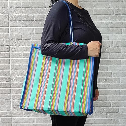Miniatura 2 de Paquete de 2 bolsas grandes de mercado mexicano con fuelle en varios colores, bolsas de mercadillo reutilizables de malla con fondo plano Bolsas