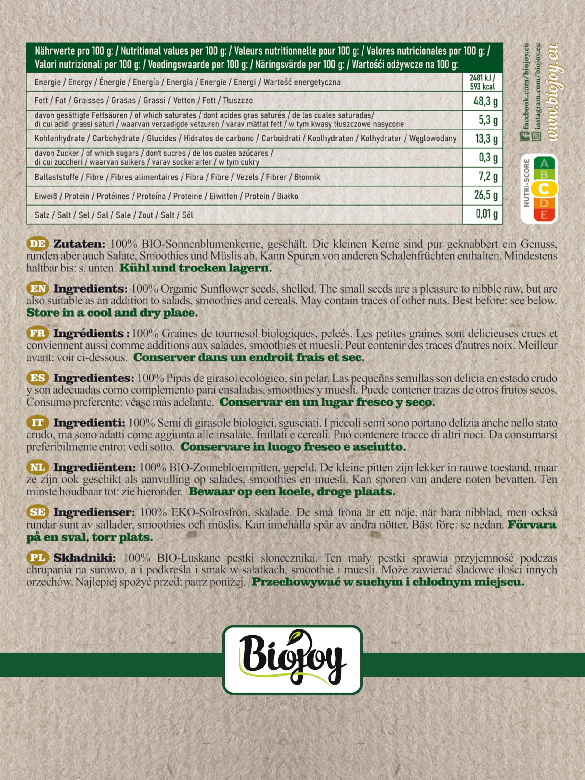 Biojoy Semillas de Girasol Orgánicas (1,5 kg), peladas, crudas y sin sal