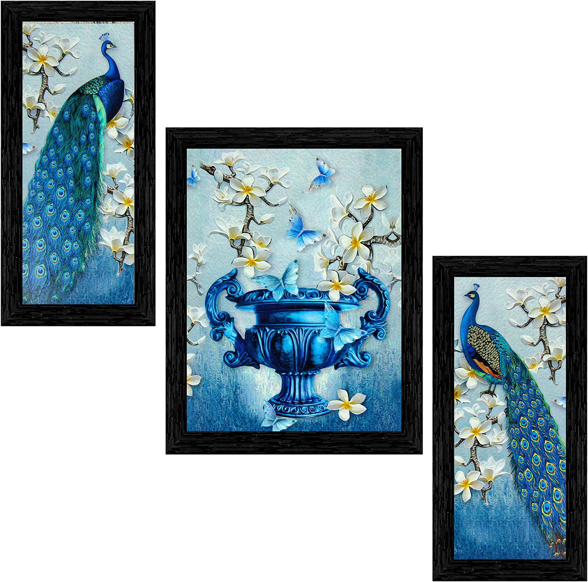 Indianara Set of 3 Beautiful Pair of Peacock and Flower vase Framed Art Painting (6 X 13, 10.2 X 13, 6 X 13 inch, Black)