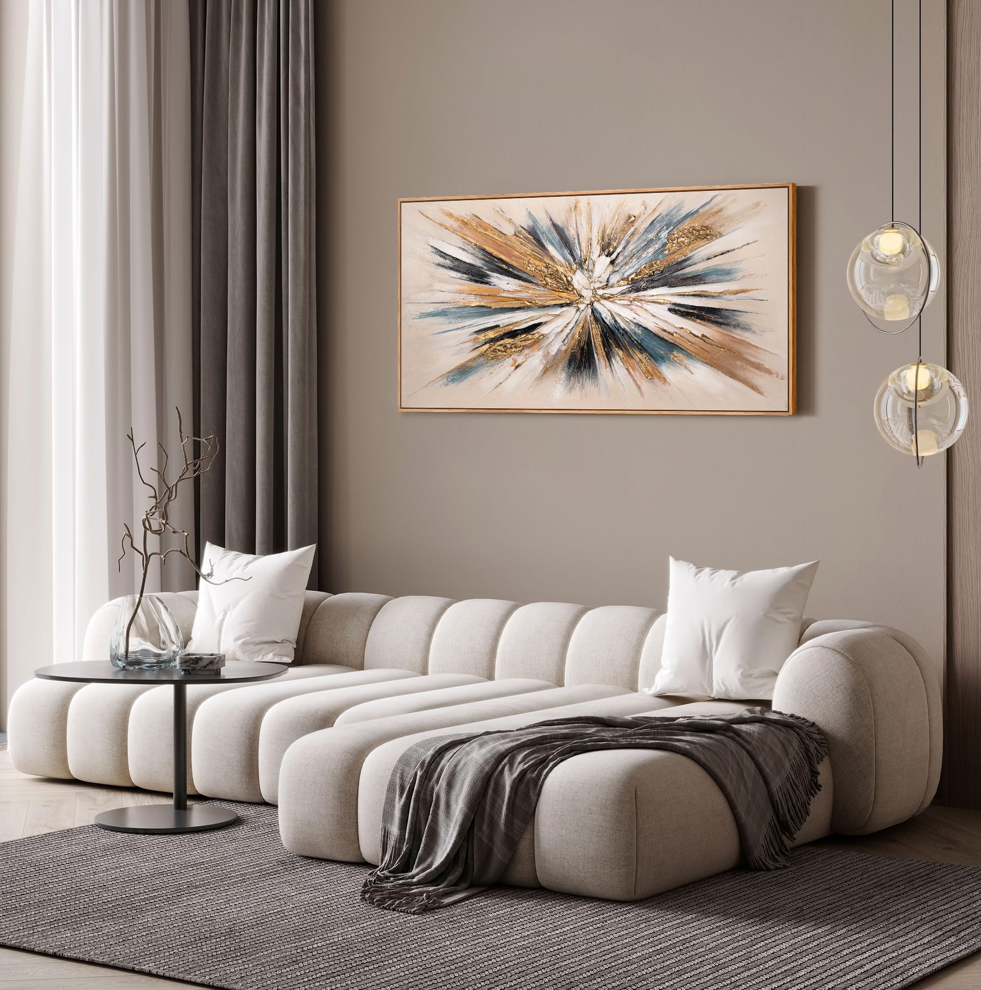 YS-Art Luxus bunte Abstrakt Acryl Gemälde auf Leinwand leinwand mit Rahmen beige handgemalt Wandbild Wohnzimmer modern Wohndekor Bilder Büro echte Kunst 100x50 cm