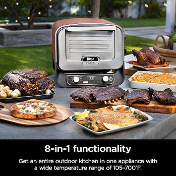 Ninja Woodfire Outdoor Pizza Oven, 8-in-1 Portable Electric Roaster Oven, Heats up to 700F, 5 Artisan Pizza Settings, Integrated BBQ Smoker Box, Includes Flavored Wood Pellets, Terracotta Red