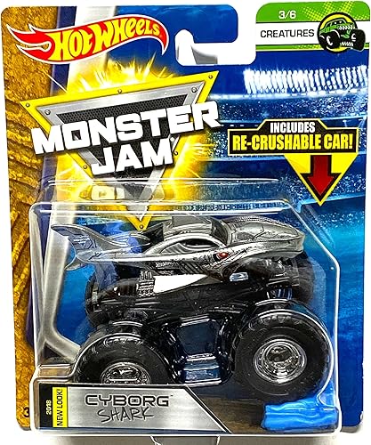 Hot Wheels Monster Jam 2018 Creatures Cyborg Shark (con coche re-aplastable) escala 164