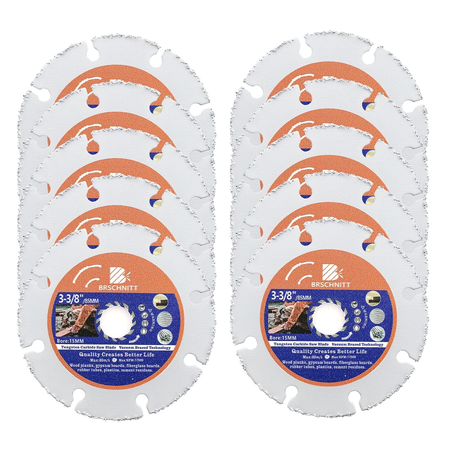 Carbide Multi Wheel,BRSCHNITT 10pcs 3-3/8inch (85mm) with Arbor 3/5 Inch (15mm) Tungsten Carbide Cut Off Wheel for Wood,Laminate,Gypsum Board,Plastic for Angle Grinder Cutting Disc