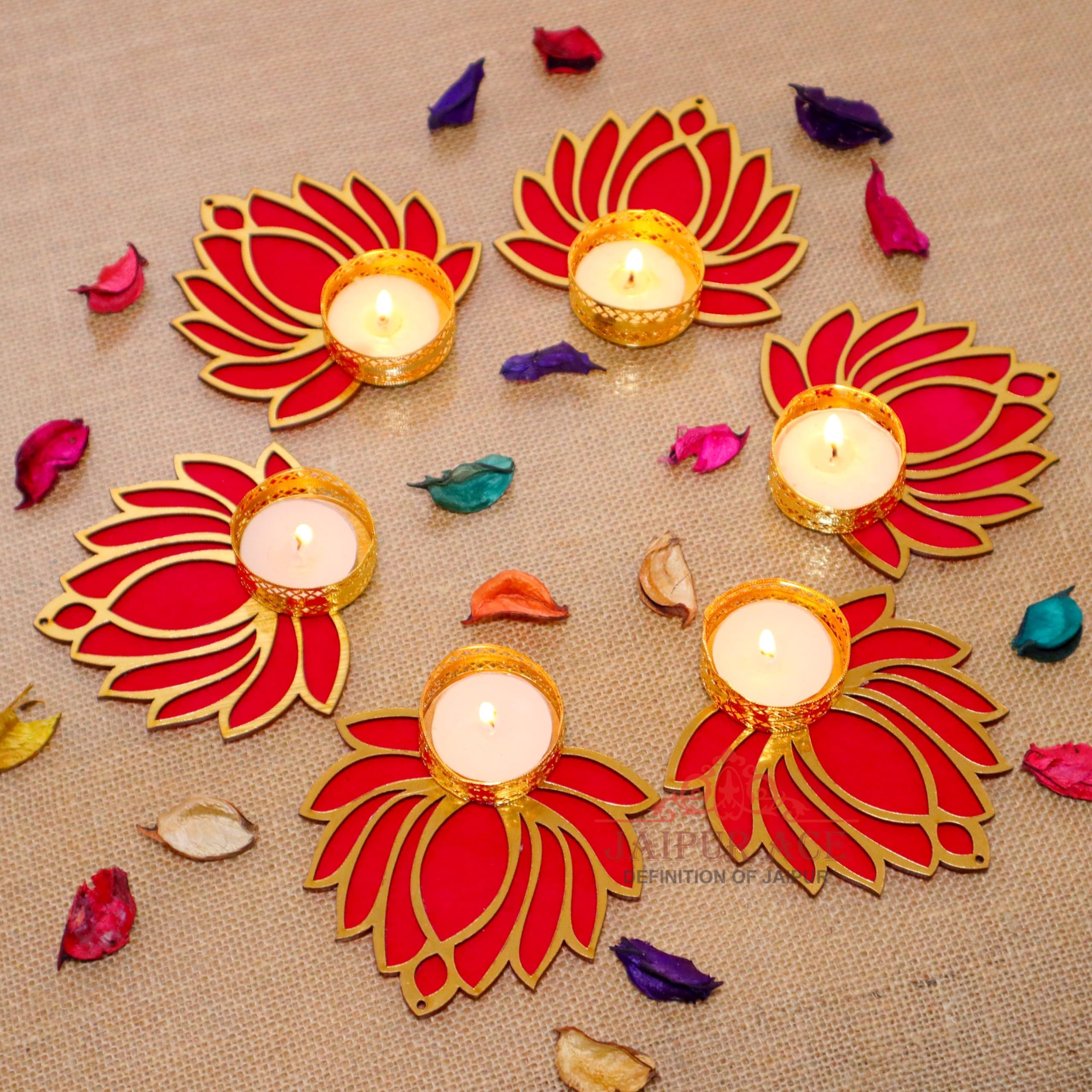 Jaipur Ace Decorative Diwali Tealight Diya | Traditional Handmade Lotus Candle Holder Rangoli Set for Home Decoration | Laxmi Pooja Set (Set of 6)