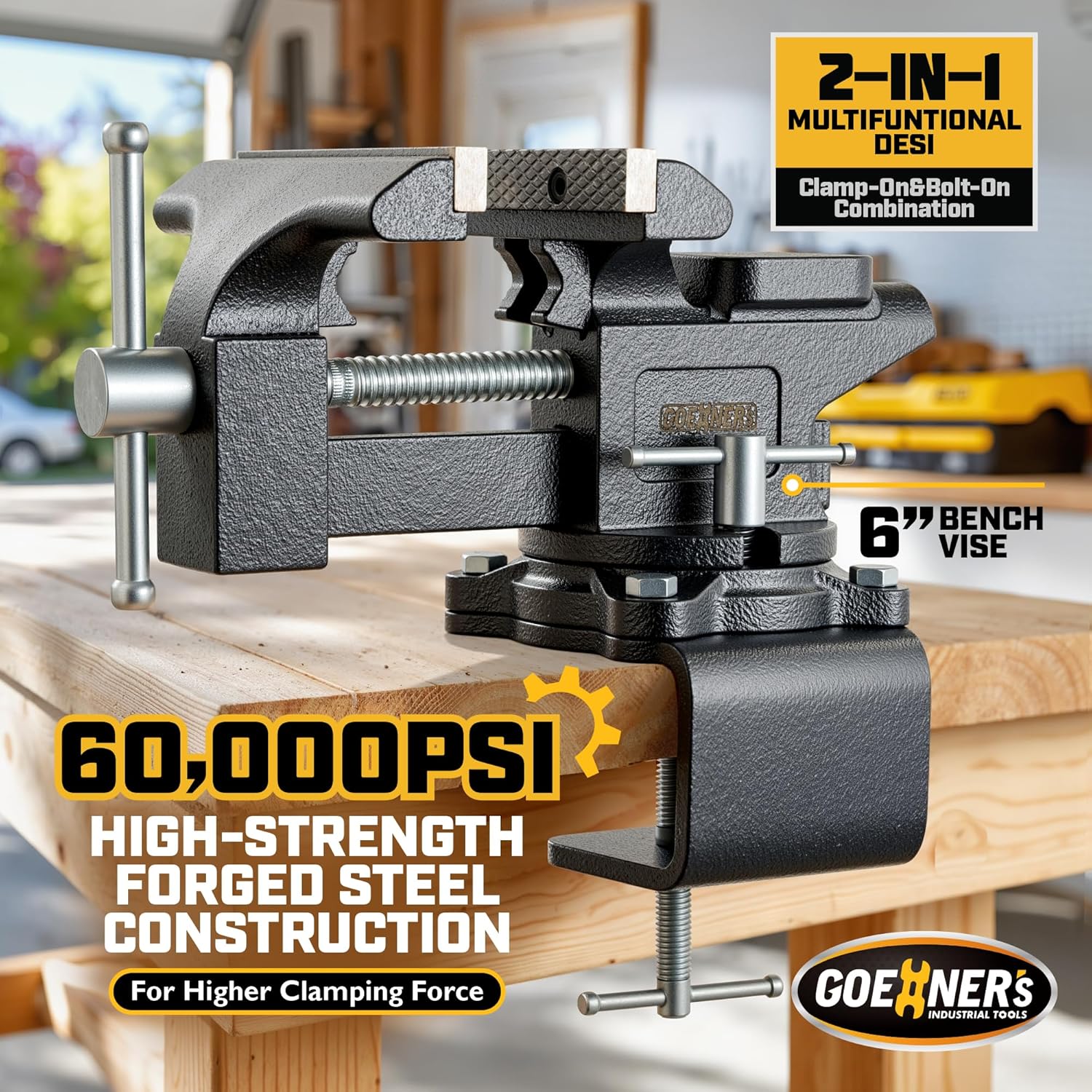 Bench Vise 6", Vice for Workbench with Heavy Duty Forged Steel Construction, Built-in Pipe Jaw and Swivel Base, Table Vise for Woodworking, Home Workshop Use and DIY Job