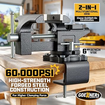 6-Inch Bench Vise, Vice for Workbench with Heavy Duty Forged Steel Construction, Built-in Pipe Jaw and Swivel Base, Table Vise for Woodworking, Home Workshop Use and DIY Job