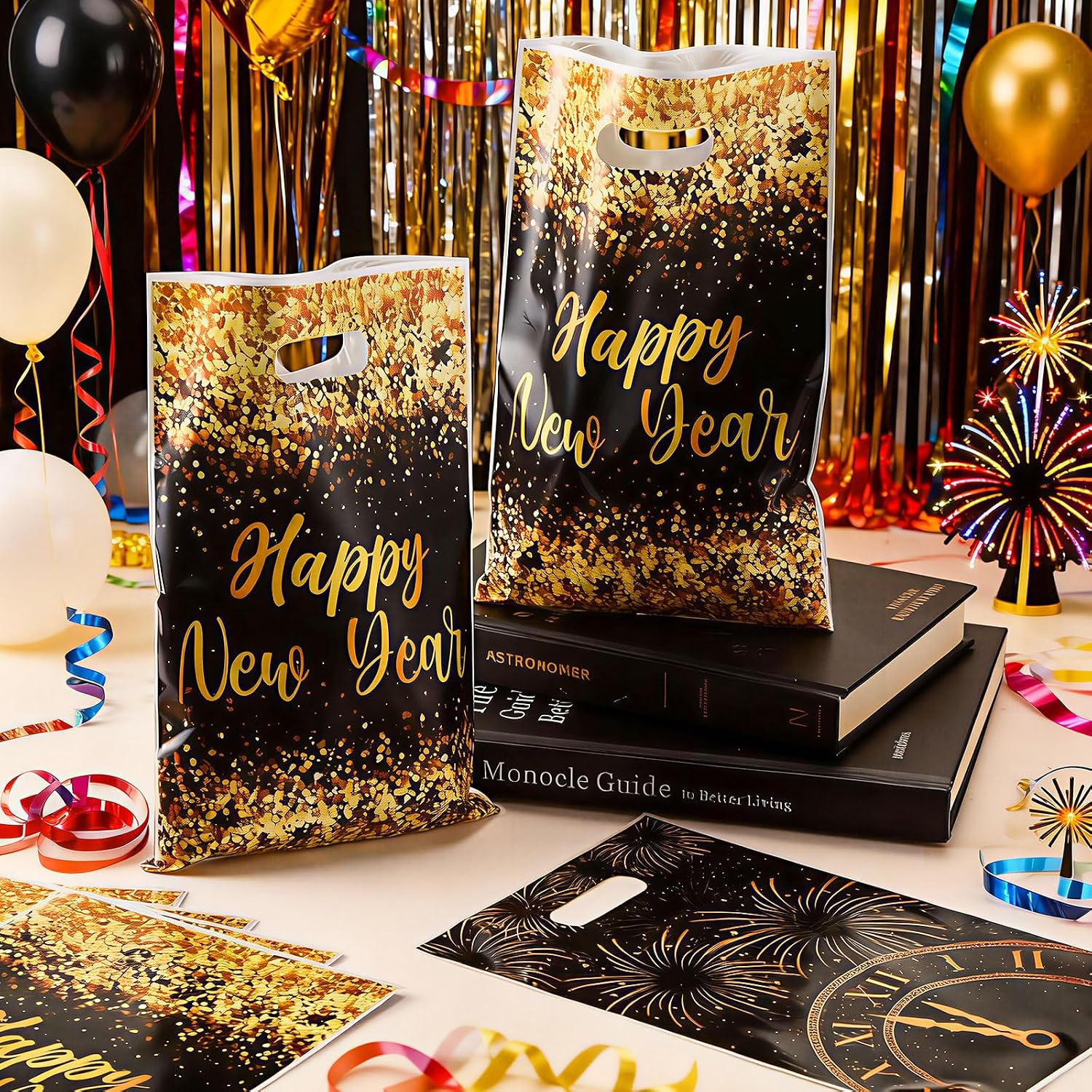 Abbylike 60 Pcs 2026 Happy New Year Gift Bags with Handle New Year Eve Party Favor Black and Gold Plastic Goodie Treat Candy Snack Supplies Double Side Print for Party Supplies Decorations image 2