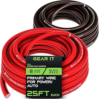GearIT 8 Gauge Wire (25ft Each- Black/Red Translucent) Copper Clad Aluminum CCA - Primary Automotive Wire Power/Ground, Battery Cable, Car Audio Speaker, RV Trailer, Amp, Electrical 8ga AWG 25 Feet