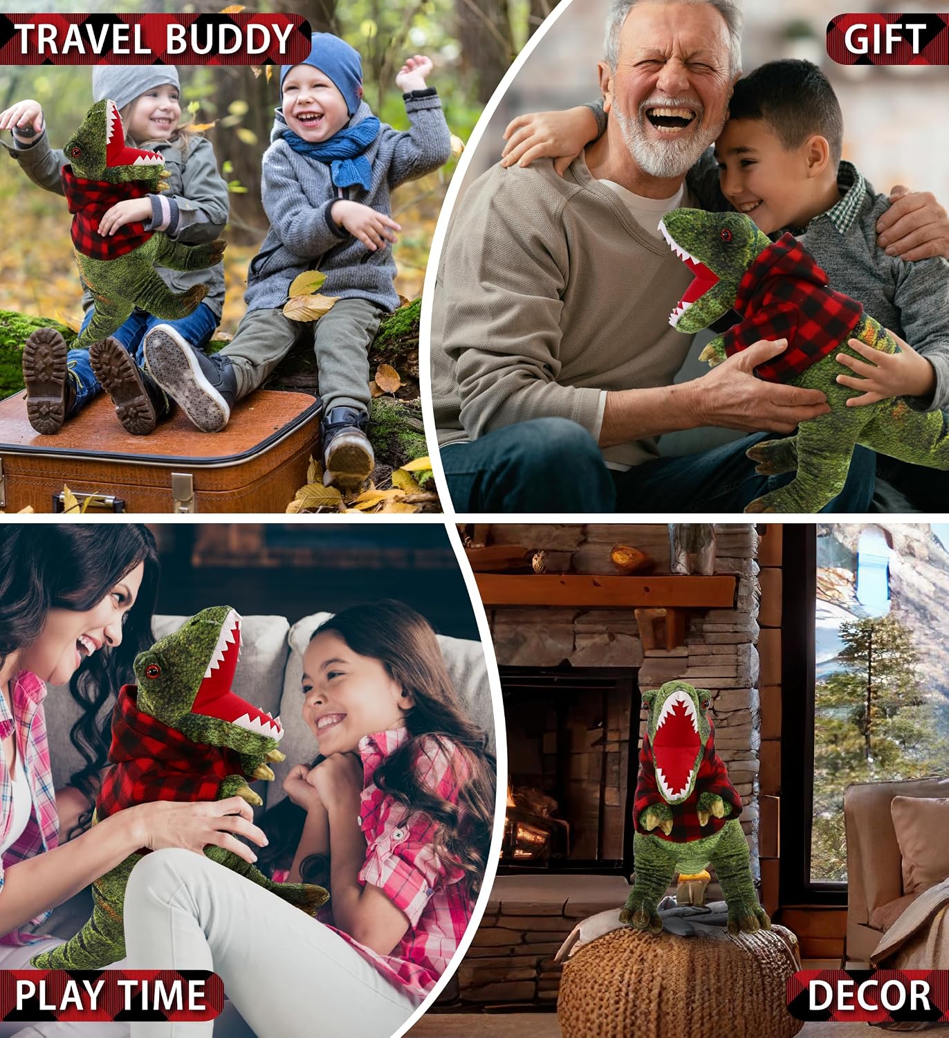 DolliBu Wild Collection Tyrannosaurus Rex Dinosaur Stuffed Animal with Plaid Red Hoodie Sweater and Personalization - T-Rex Plush Lumberjack Stuffed Toy with Plaid Jacket Dress Up - 16 Inches