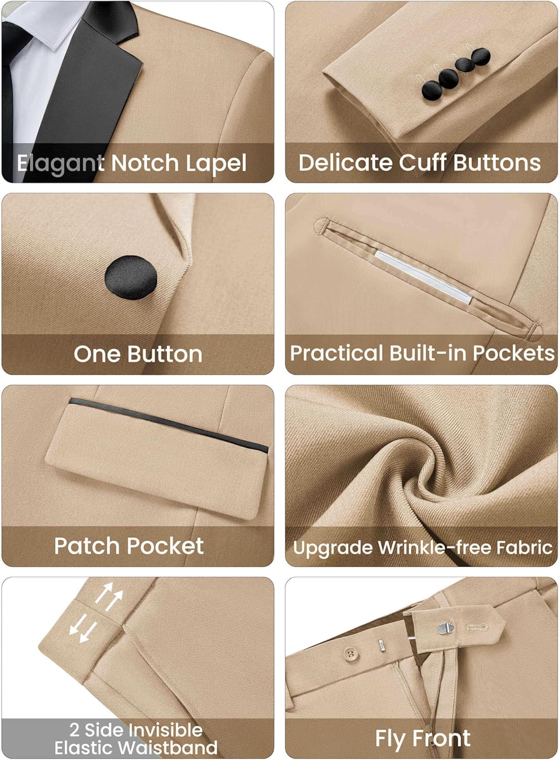 WULFUL Men's 2 Piece Slim Fit Suit Set One Button Blazer Jacket Pants Tuxedo Set for Prom, Wedding and Business