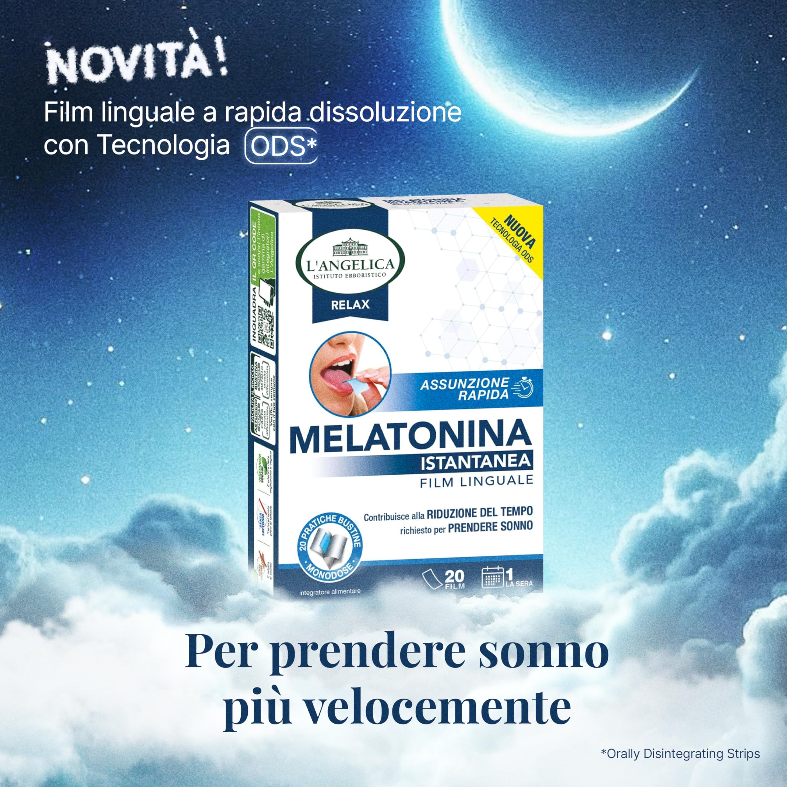 L'Angelica, Melatonina Istantanea Film Linguale, Integratore Per Prendere Sonno Più Velocemente, Assunzione Rapida, 1 Confezione da 20 Film