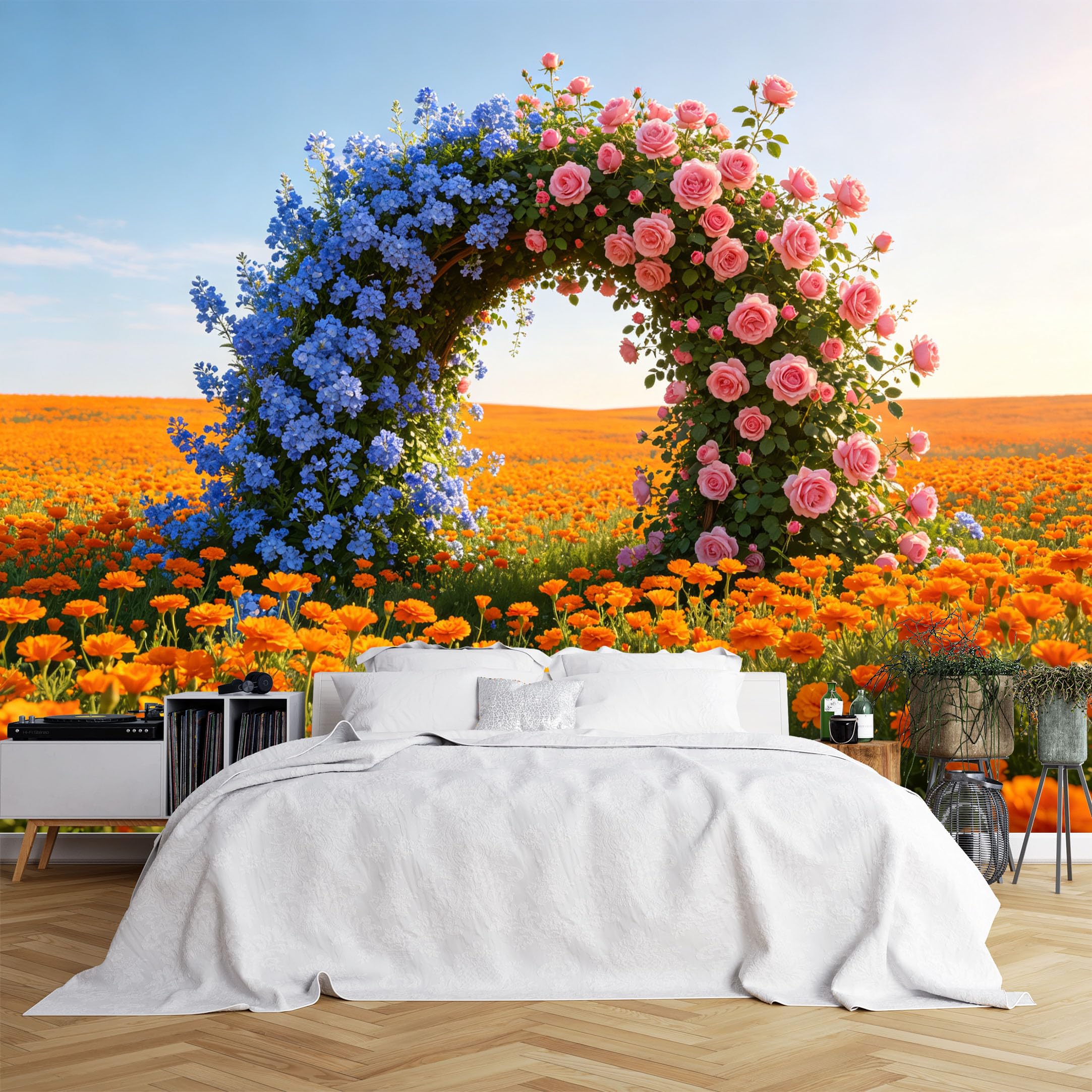Lcythiazole Ch260615149 Custom Size Wall Murals Rose Bluebell Flower Arch Golden Poppy Field Wall Murals Garden Wallpaper Vivid Self-Adhesive Removable Wallpaper For Living Room Home Decor