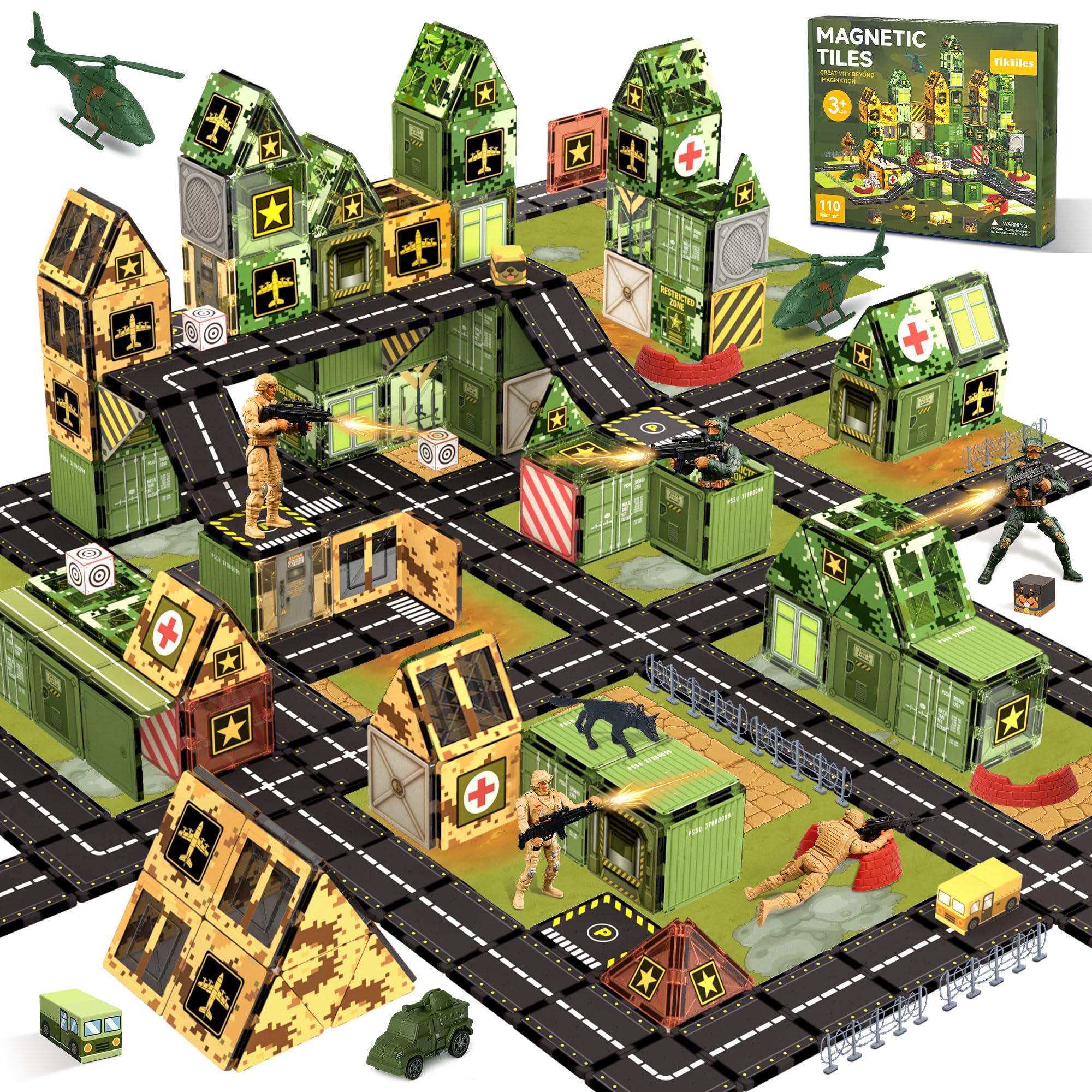 Magnetic Tiles Road Building Toys Set with Magnetic Blocks and Army Toys Accessories, Military Magnetic Blocks for Kids Ages 3-5 4-8, STEM Educational