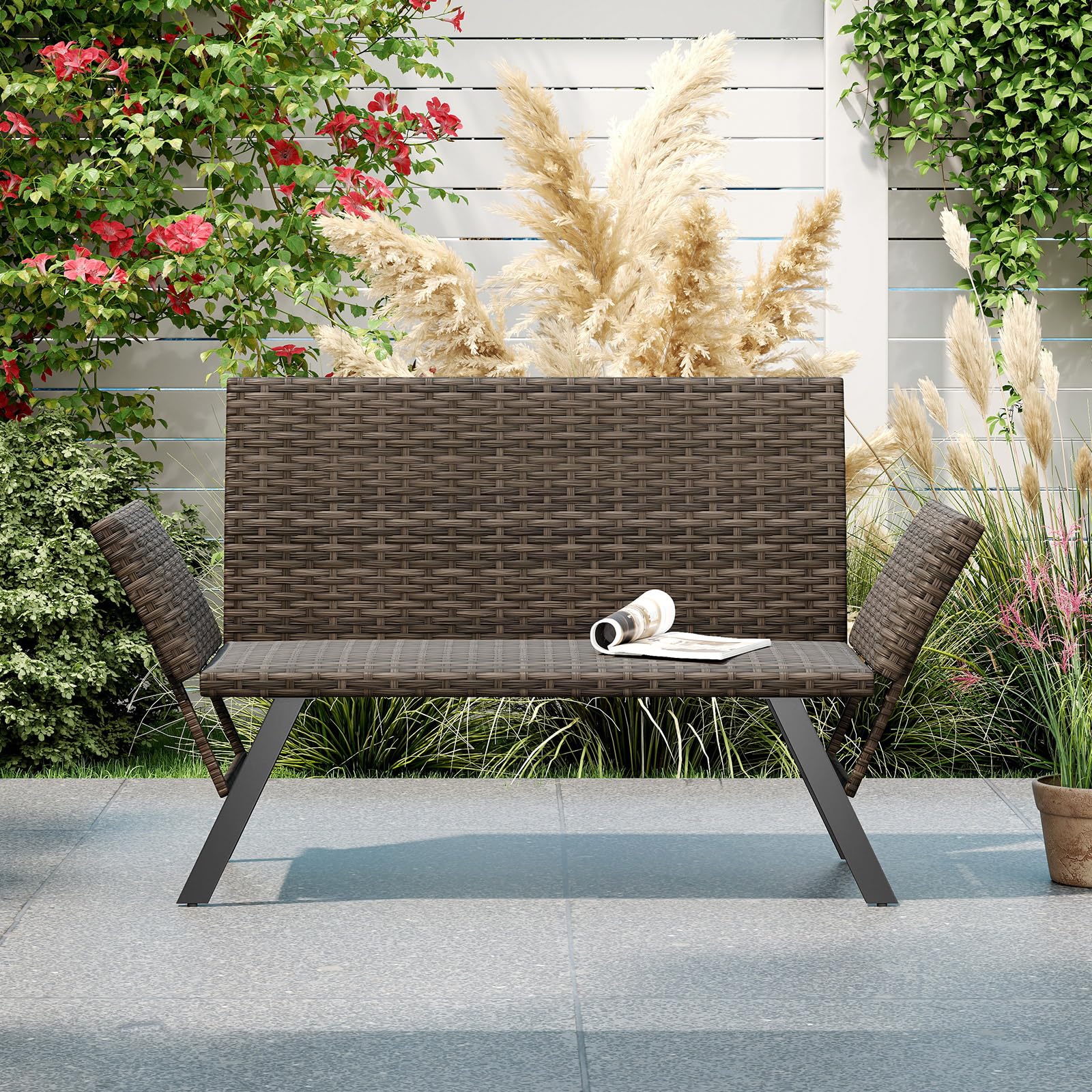 GIANTEX Canapé Jardin en Rotin 2 Places, Banquette Convertible Extérieur avec Accoudoirs Réglables, Design Tressé, Longueur 163-178cm, Charge 300 kg, Transat de Jardin pour Terrasse, Balcon, Piscine