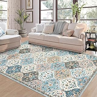 Teppich Wohnzimmer Waschbar 120x170 cm, Vintage Orient Teppich Kurzflor, rutschfest & Weich, Blumen-Muster für Schlafzimmer Kinderzimmer, Blau Camel