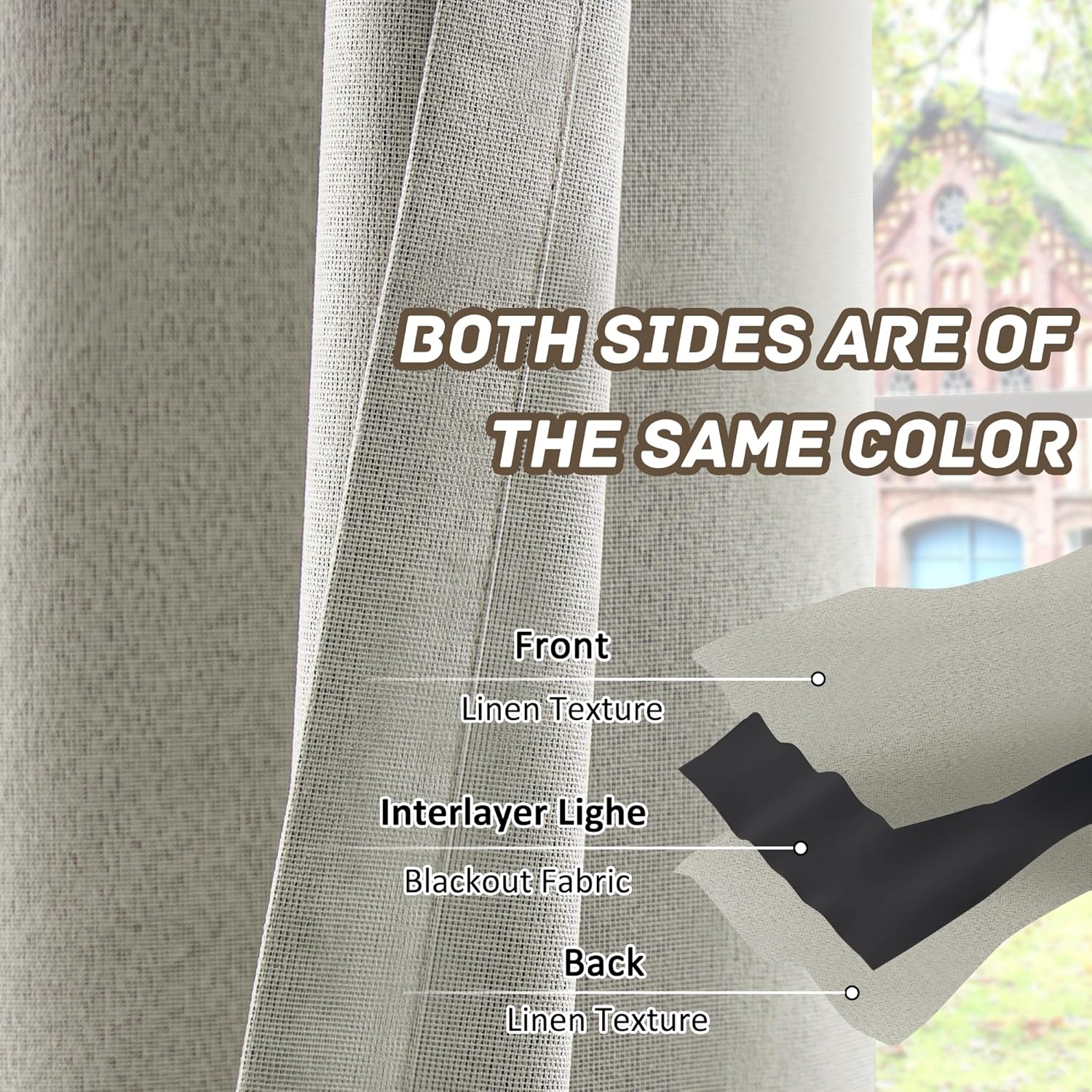 100% Blackout Linen Textured Curtains for Living Room, Bedroom, Light Weight Curtains with Grommets Top, Full Blackout Curtains Privacy Protection, Natural Linen, 52" W x 108" L, 2 Panels