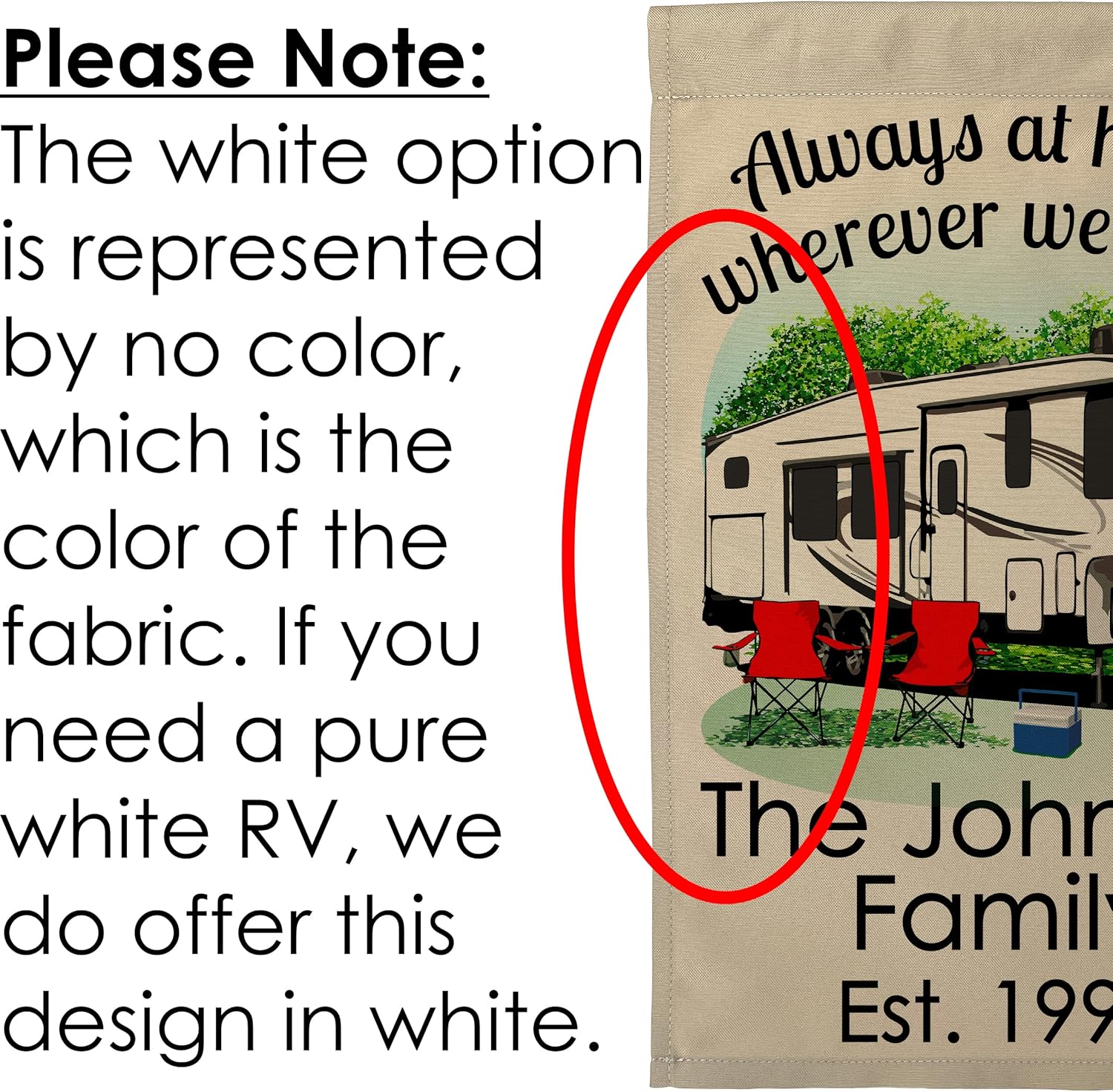 Always at Home Wherever We Roam Personalized Camping Flag Features an Uncolored 5th Wheel Trailer with 3 Additional Lines of Custom Text, Printed Tan Fabric